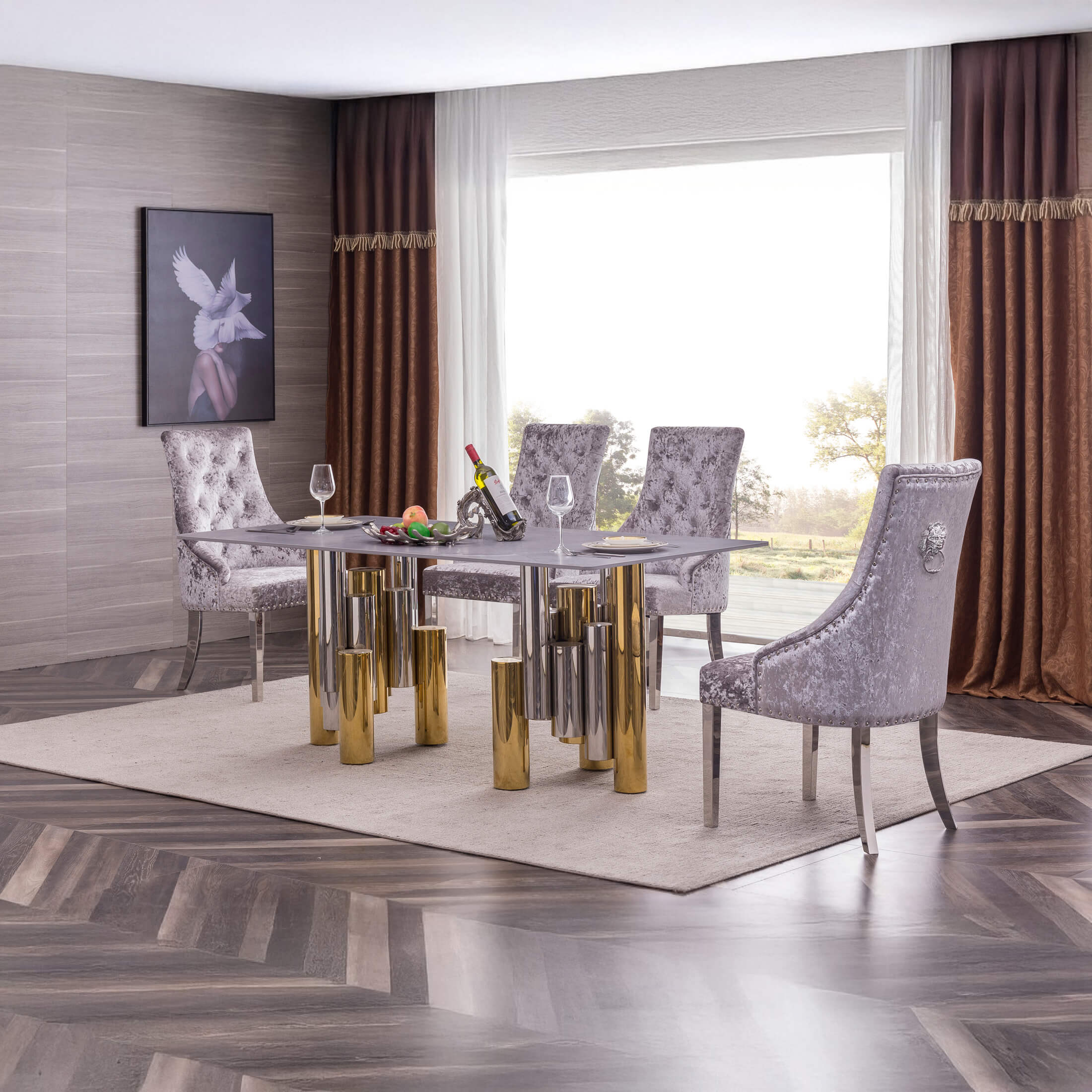 Algarve Marble Dining Table with Stainless Steel Base Silver & Gold