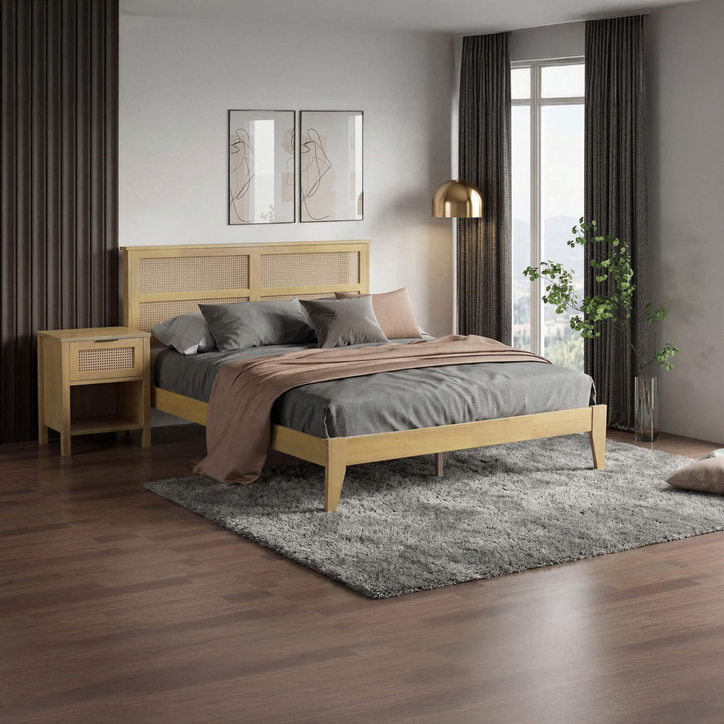 Alicia Double Wooden Rattan Bed Oak
