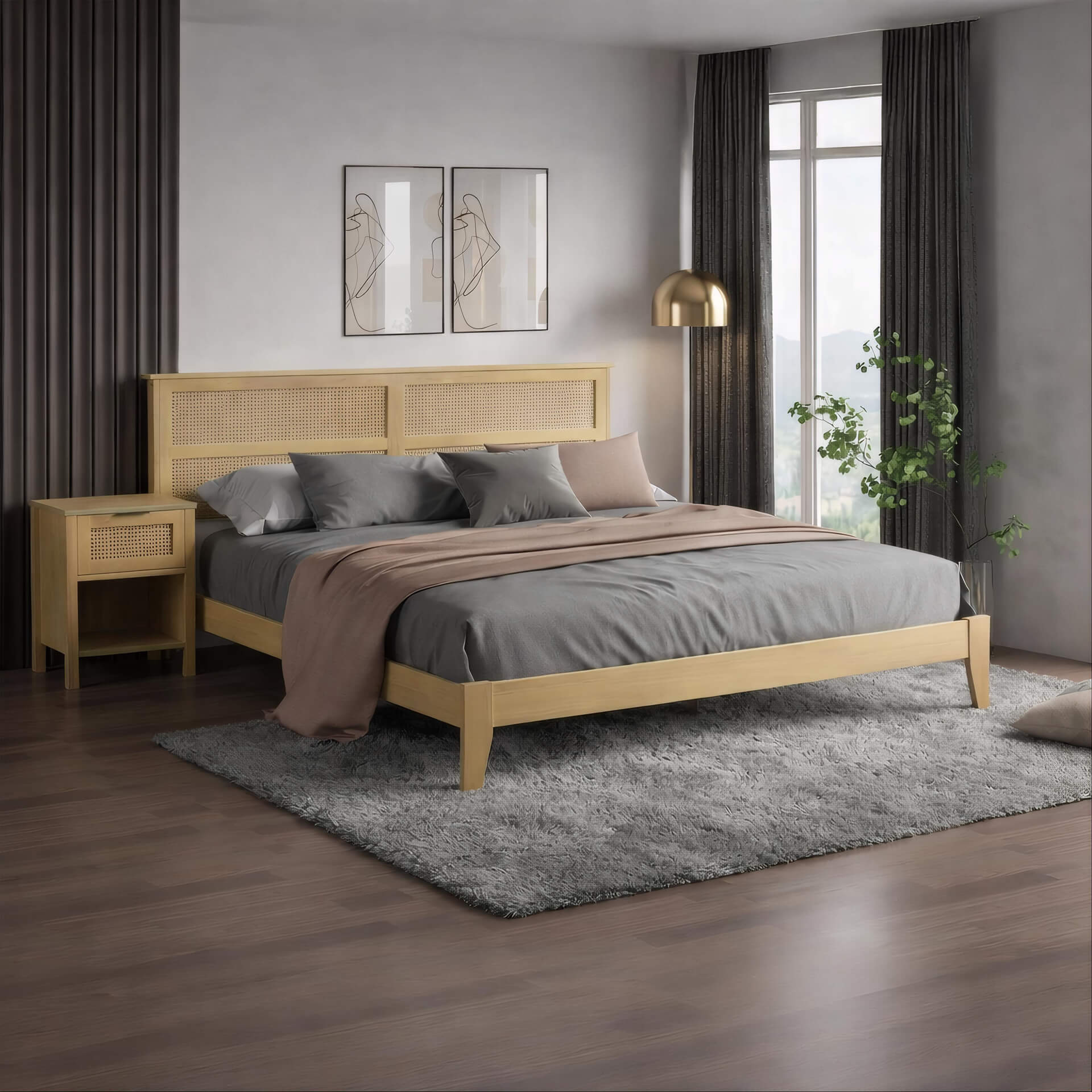 Alicia King Size Wooden Rattan Bed Oak