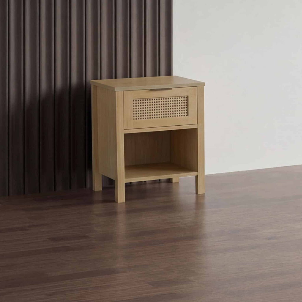 Alicia Wooden Rattan Bedside with Drawer Oak