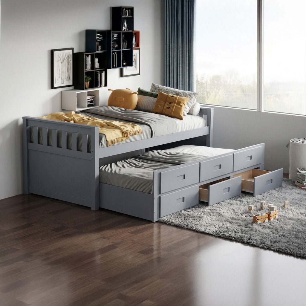Captains Single Bed with Storage & Sleeper Grey