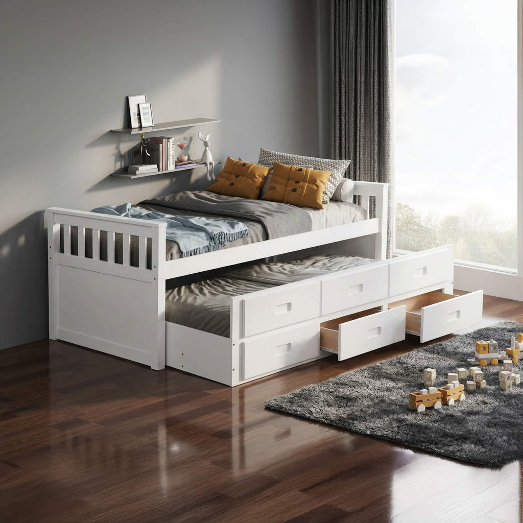 Captains Single Bed with Storage & Sleeper White
