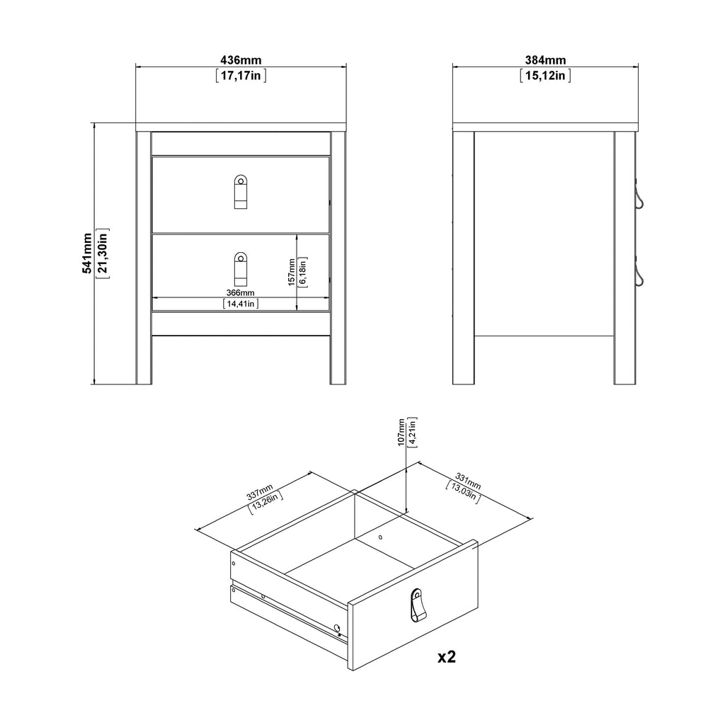 Madrid Package - Bedside Table 2 Drawers + Chest 5 Drawers + Wardrobe with 3 Doors in White