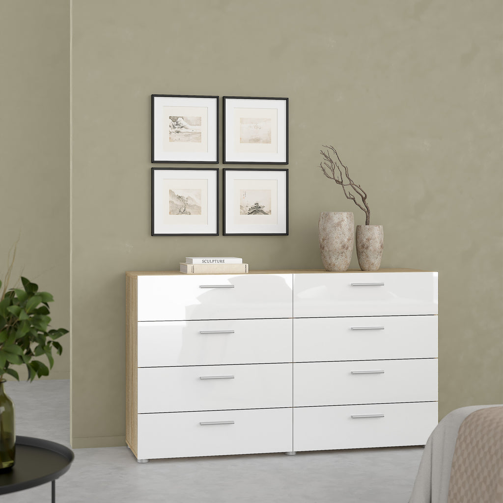 Pepe Wide Chest of 8 Drawers (4+4) in Oak structure/White High Gloss