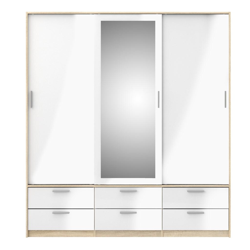 Line Wardrobe 3 Doors 6 Drawers in Oak with White High Gloss