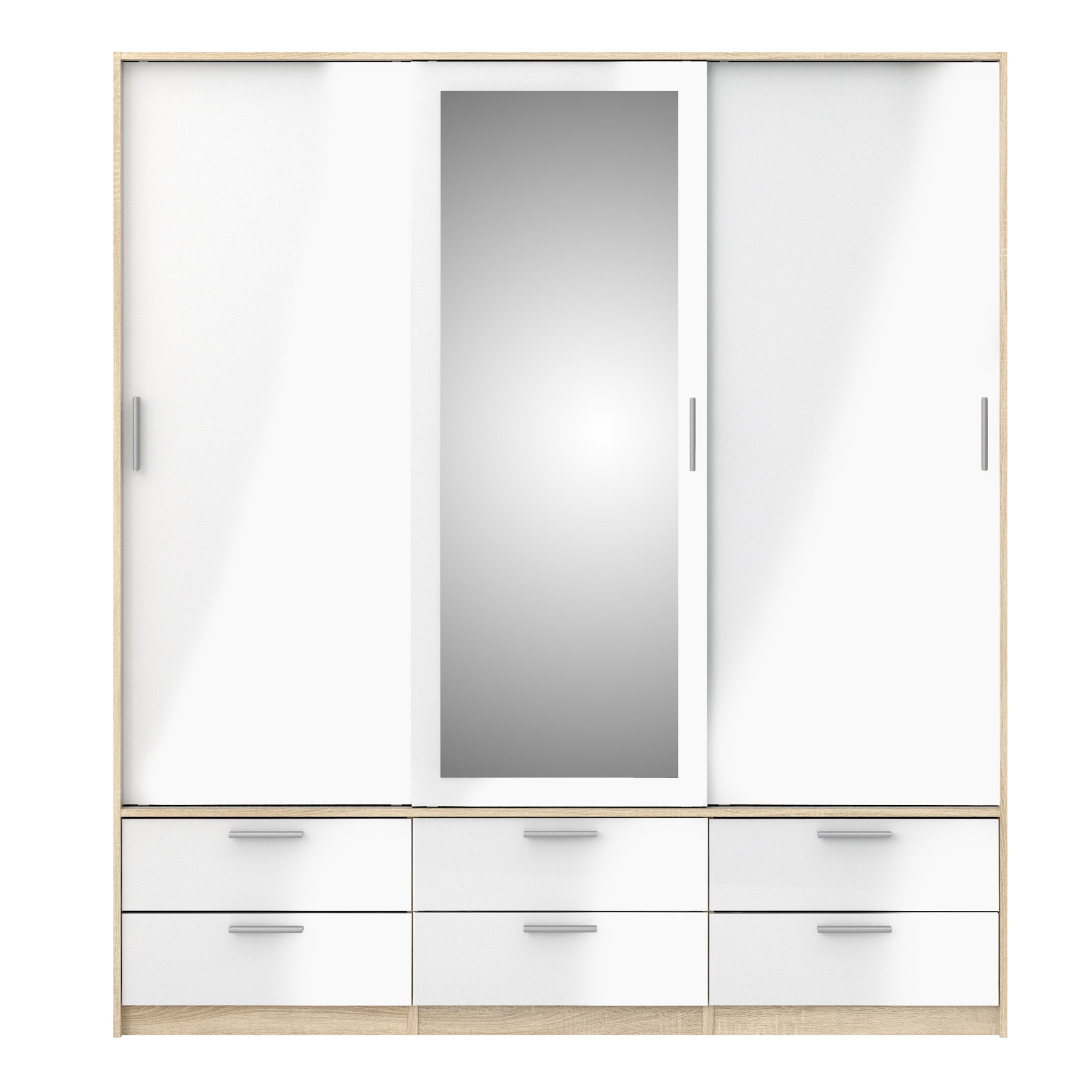 Line Wardrobe 3 Doors 6 Drawers in Oak with White High Gloss