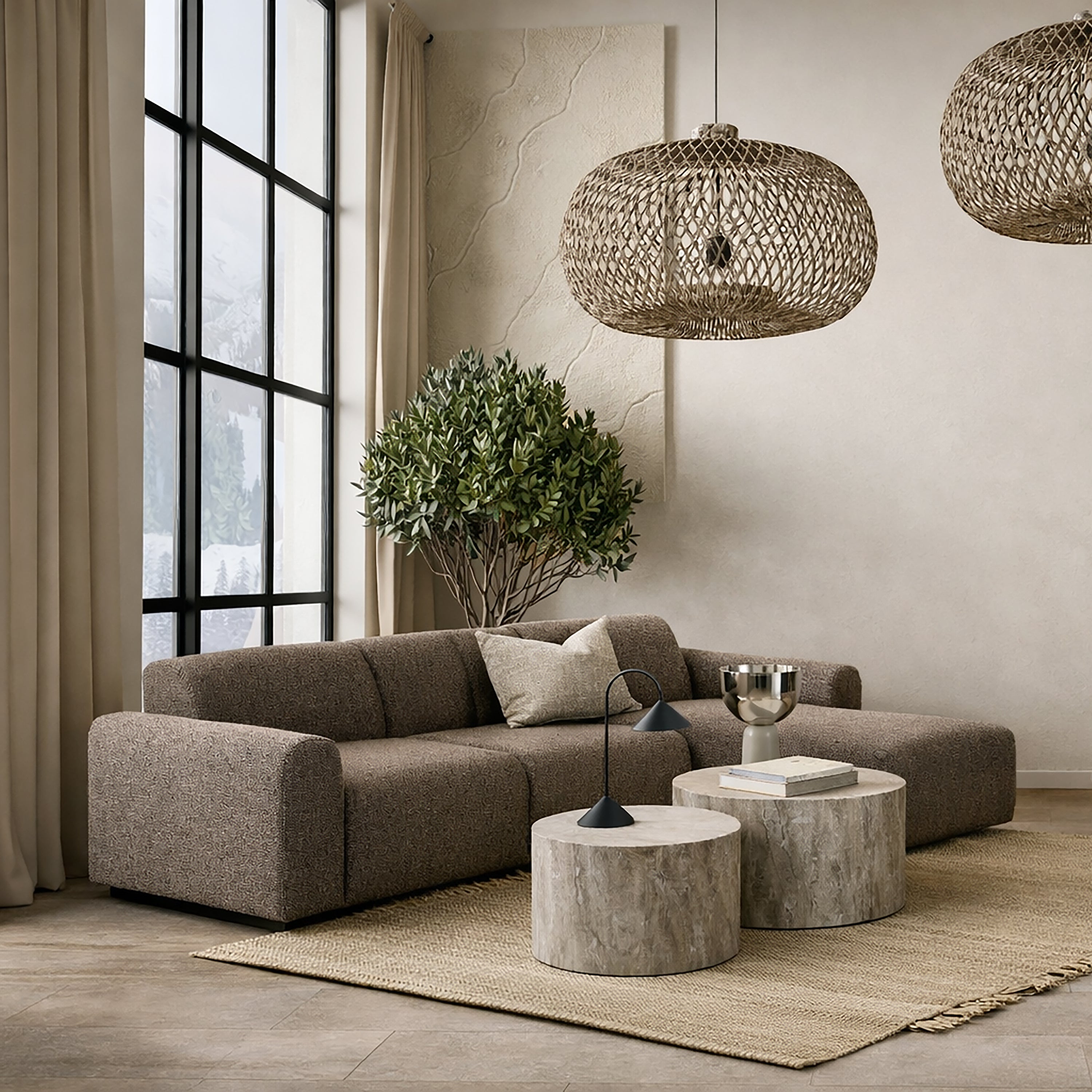 Midfield Right Hand Facing 2 Seater Chaise Longue in Boucle Taupe Fabric