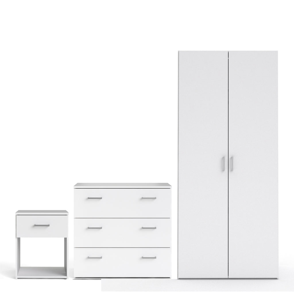 Space Package - Bedside 1 Drawer + Chest of 3 Drawers + Wardrobe with 2 Doors in White