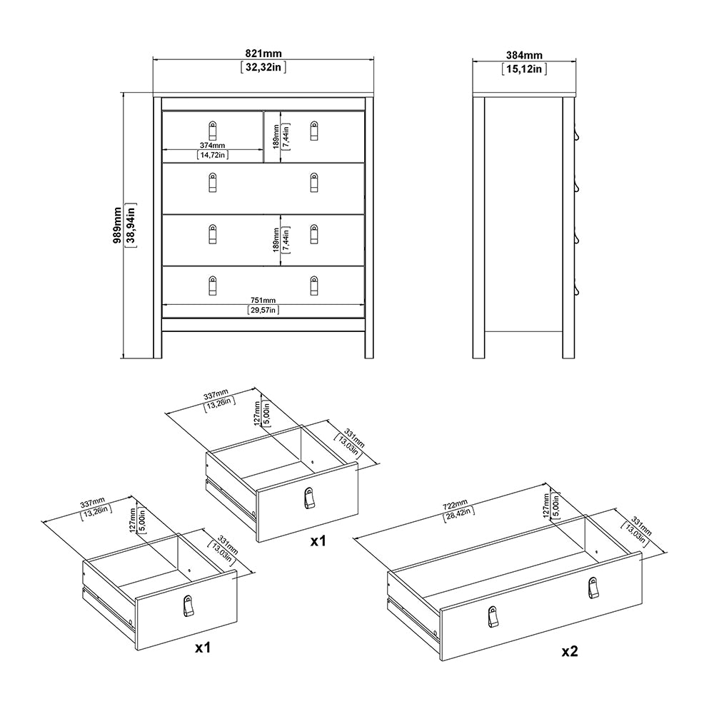 Barcelona Package - Bedside Table 2 Drawers + Chest 5 Drawers + Wardrobe with 2 Doors in White