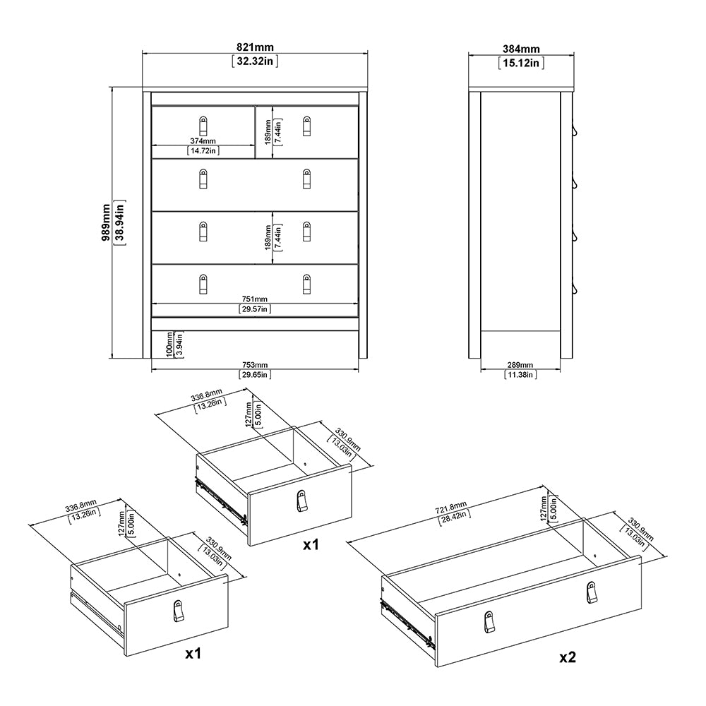Madrid Package - Bedside Table 2 Drawers + Chest 5 Drawers + Wardrobe with 2 Doors in White