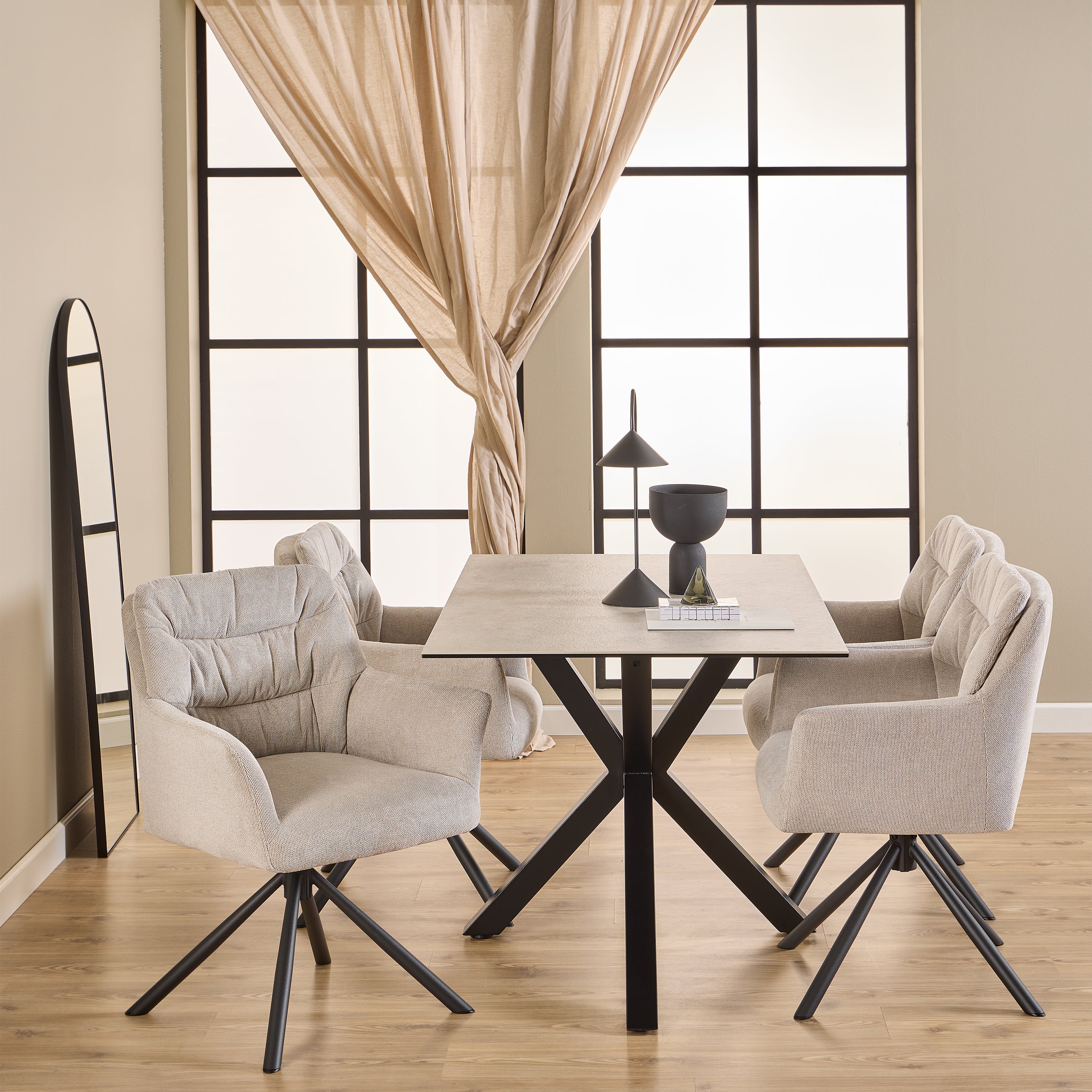 Heaven Dining Table with Ceramic White Top 135cm Included 4 Alonso Swivel Cream Dining Chair with Armrest