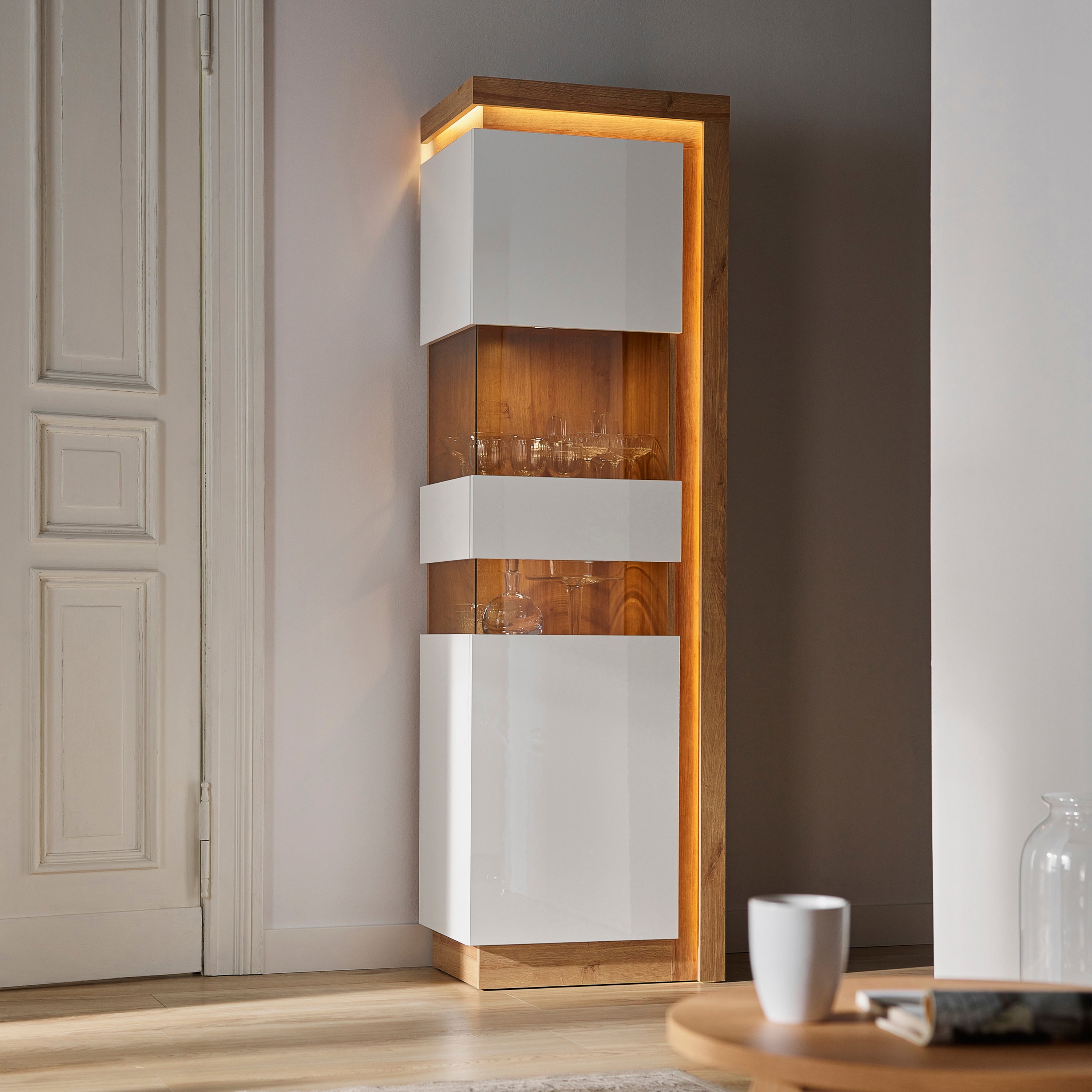 Lyon Tall Narrow Display Cabinet (LHD) in Riviera Oak/White High Gloss