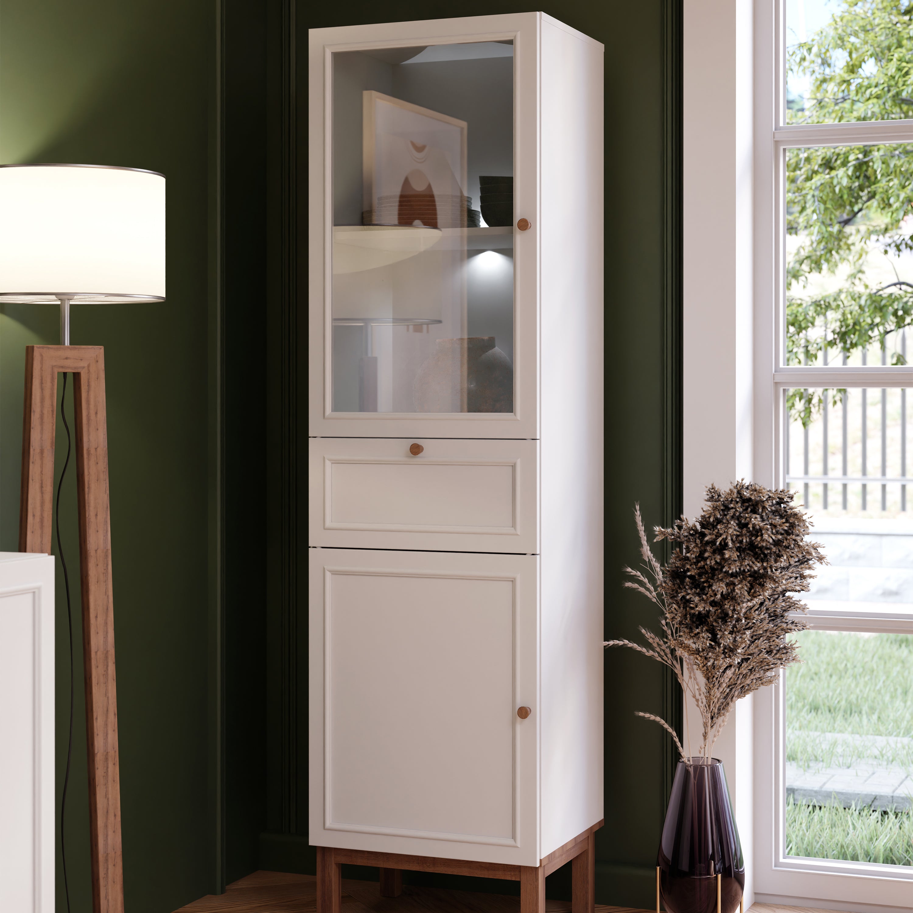 Wensley Display Cabinet with 1 Door 1 Drawer and  1 Glass Door in Light Grey and Oak inc LED Lighting