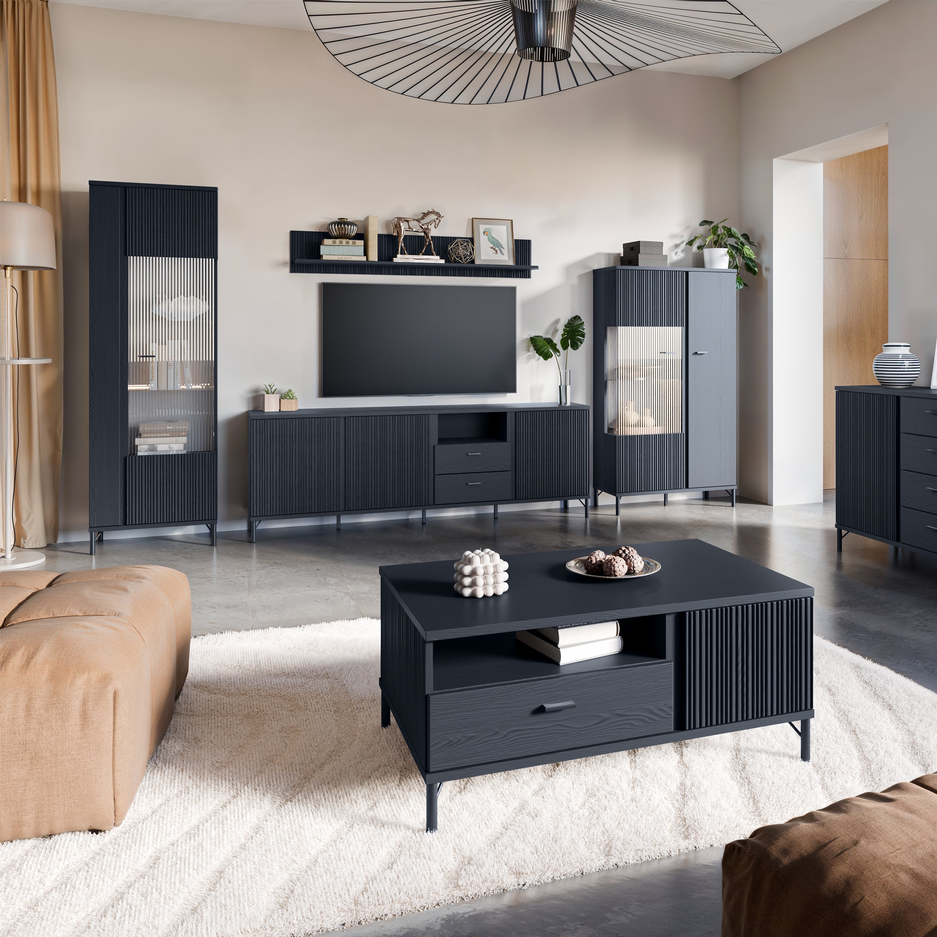 Lusaka TV Cabinet 3 Door 2 Drawer in Black Graphite