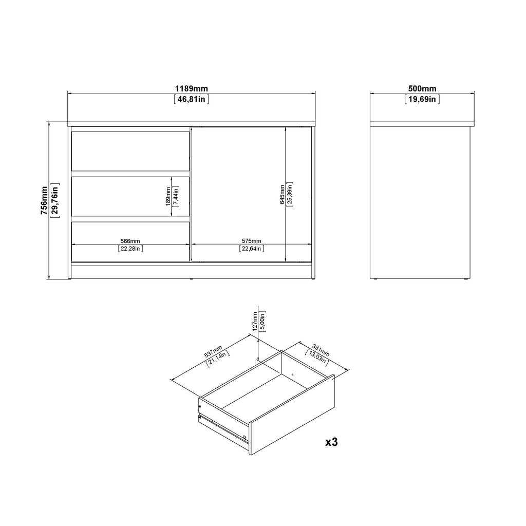 Naia Storage Unit with 1 Sliding Door and 3 Drawers in White High Gloss