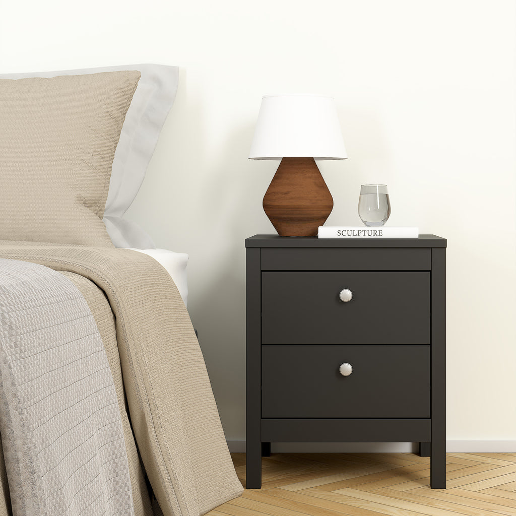 Madrid Package - Bedside Table 2 Drawers + Chest 3+2 Drawers + Wardrobe with 2 Doors in Matt Black