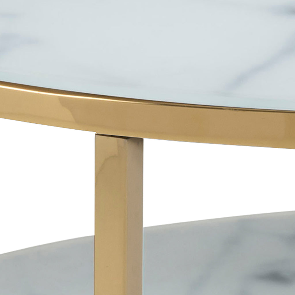 Alisma Round Coffee Table with White Crystal Clear Marble Glass Top & Gold Legs