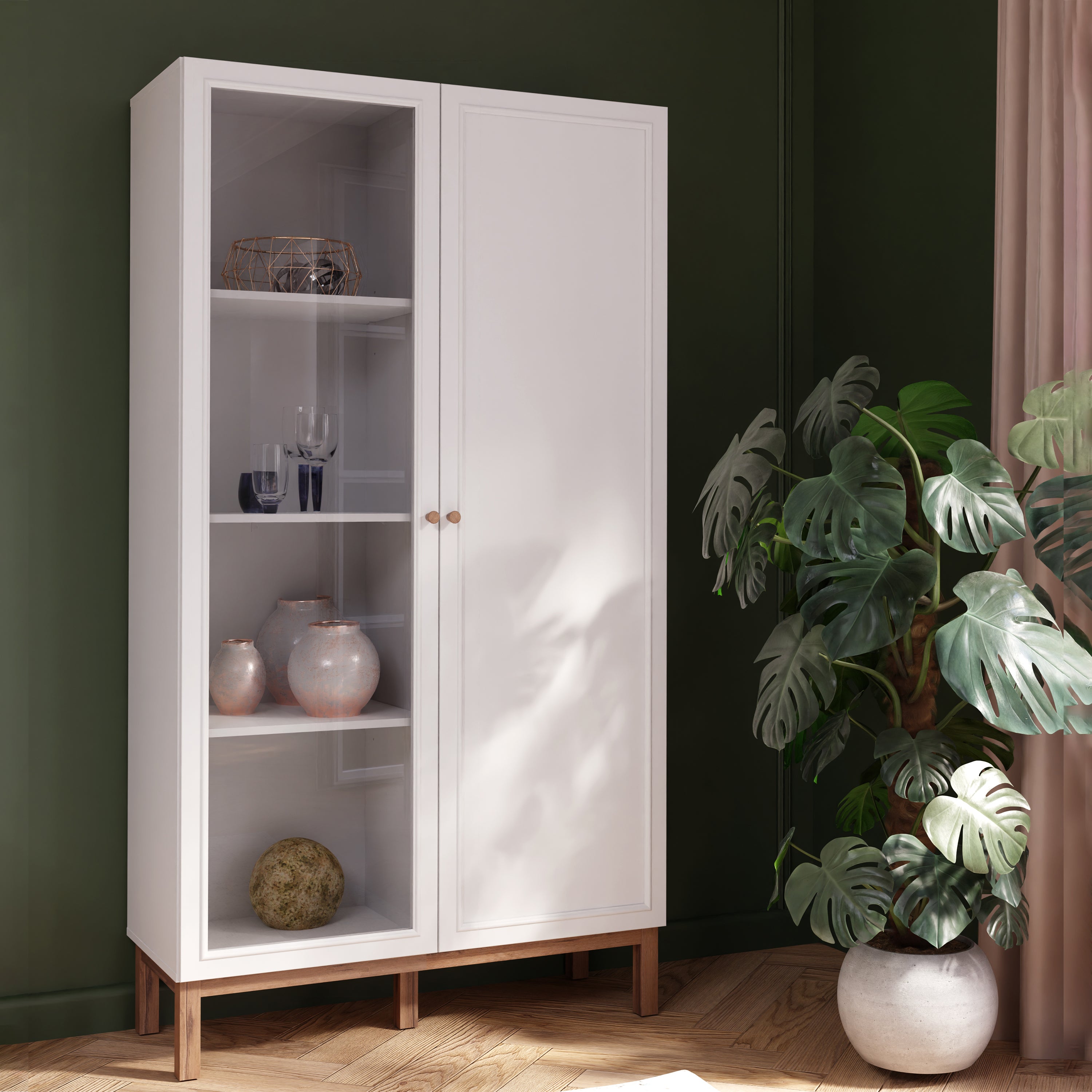 Wensley Display Cabinet with 1 Door and  1 Glass Door in Light Grey and Oak