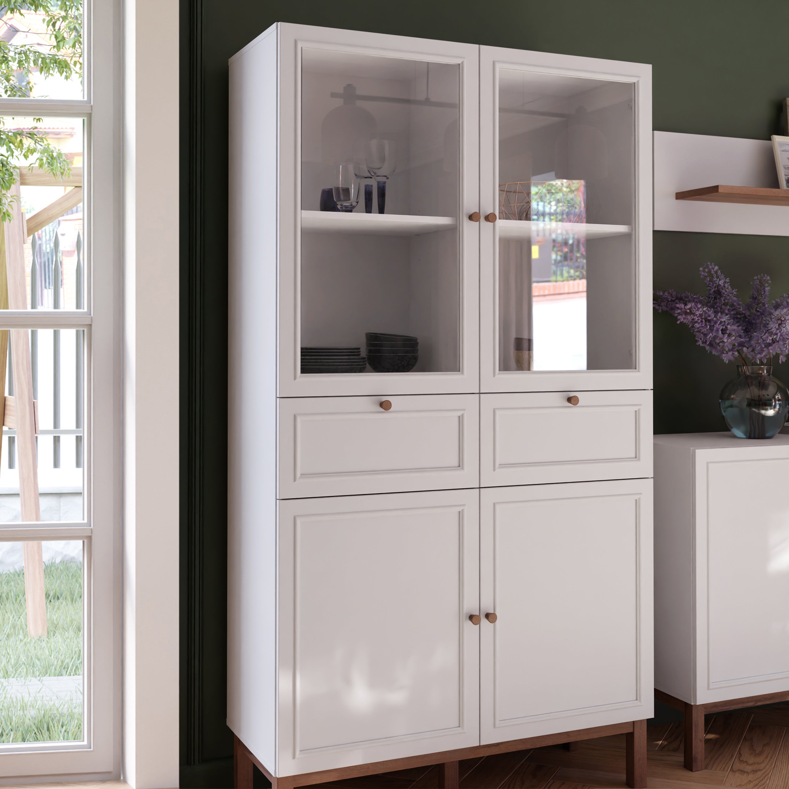 Wensley Display Cabinet with 2 Doors 2 Drawers and 2 Glass Doors in Light Grey and Oak inc LED Lighting