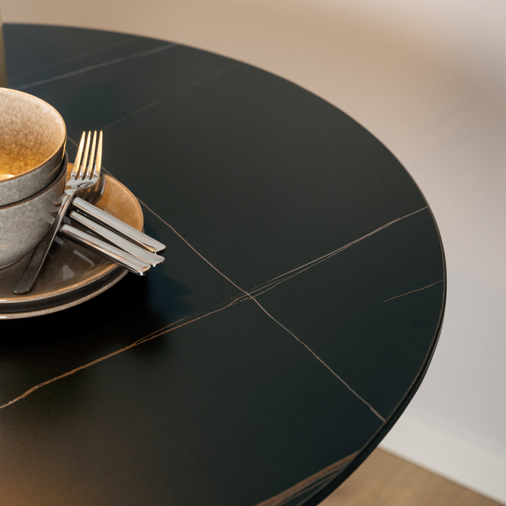 Malta Ceramic Round Dining Table in Black 90x75cm Included 4 Celia Dining Chair in Light Grey