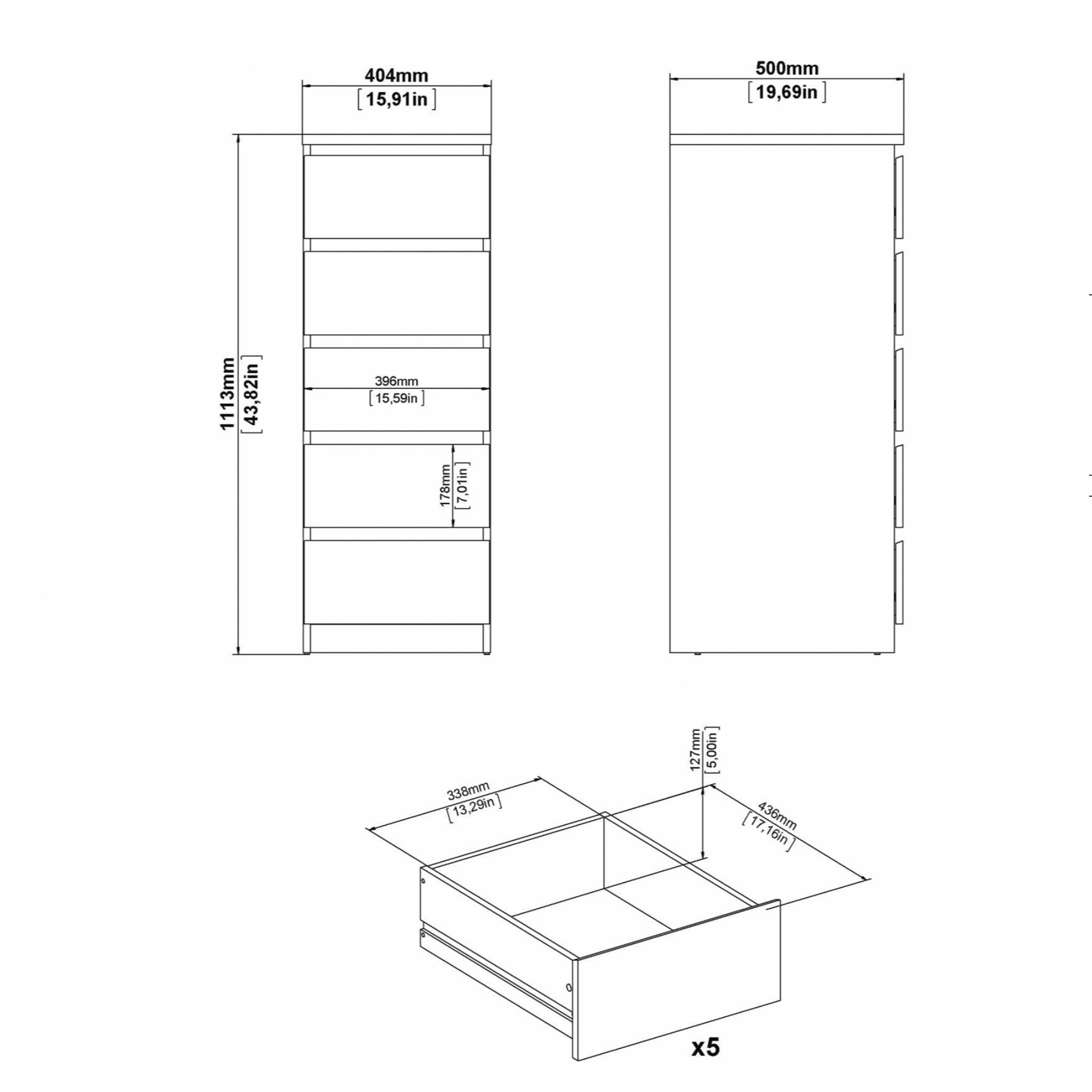 Naia Narrow Chest of 5 Drawers in White