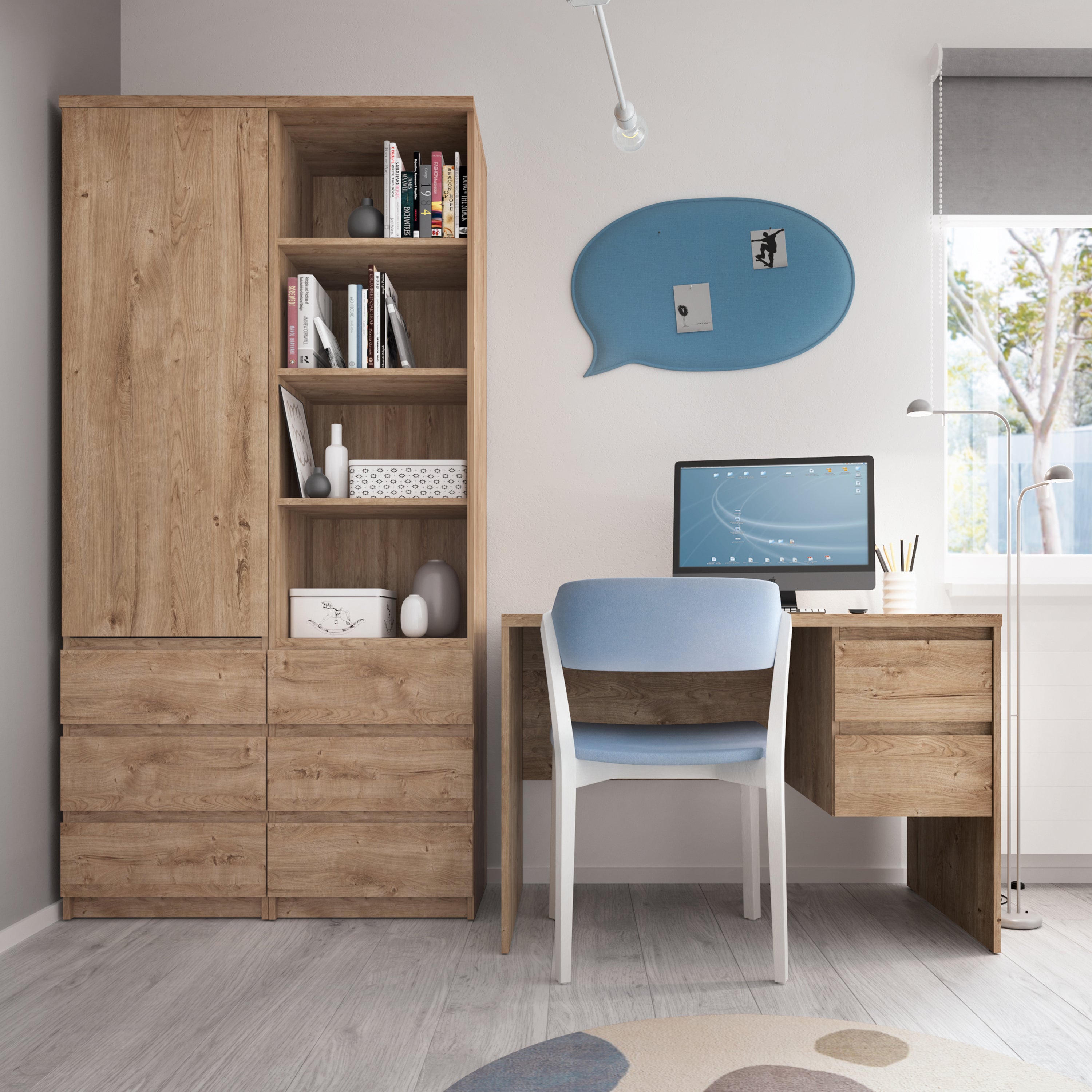 Fribo Tall Narrow 3 Drawer Bookcase in Oak