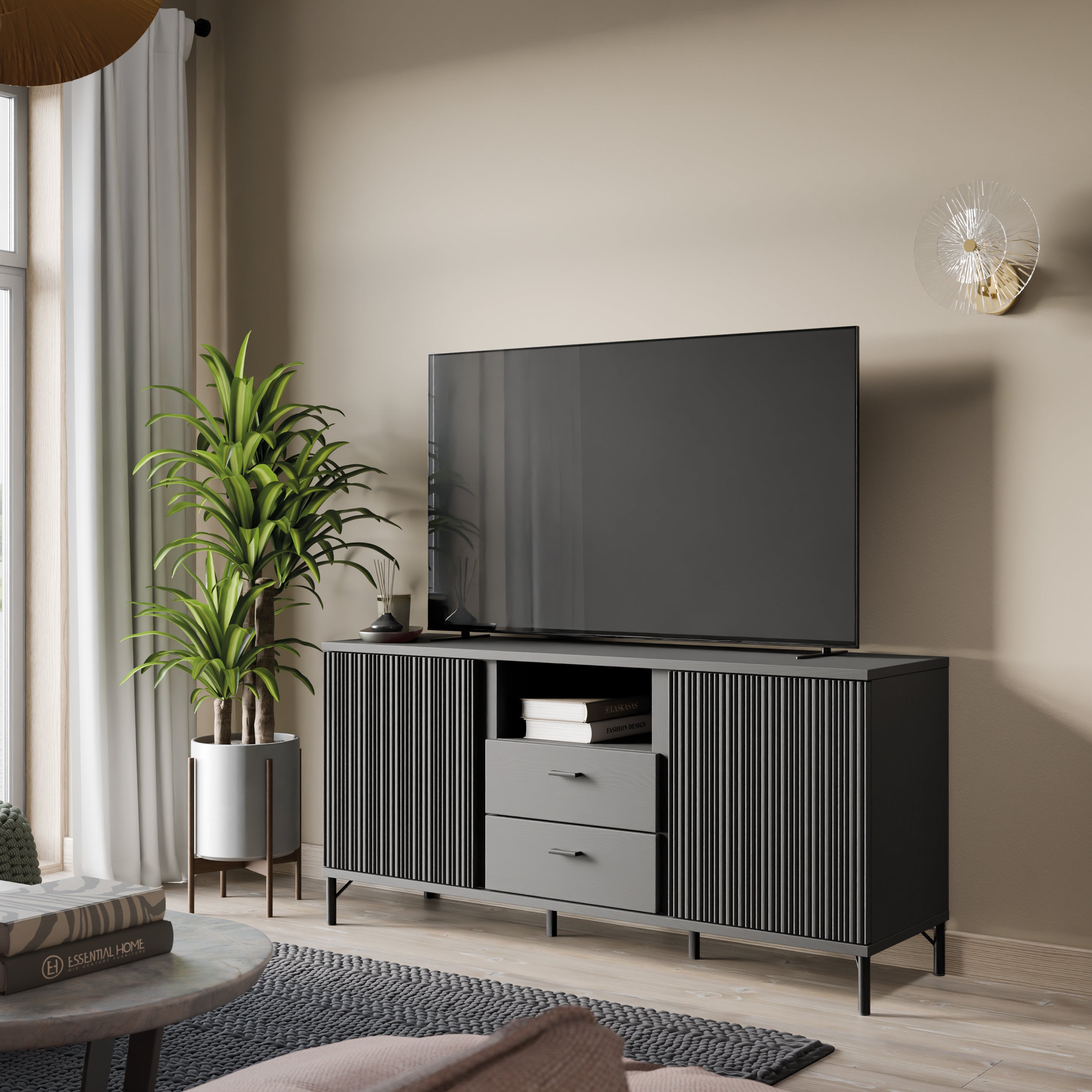 Lusaka TV Cabinet 2 Door 2 Drawer in Black Graphite