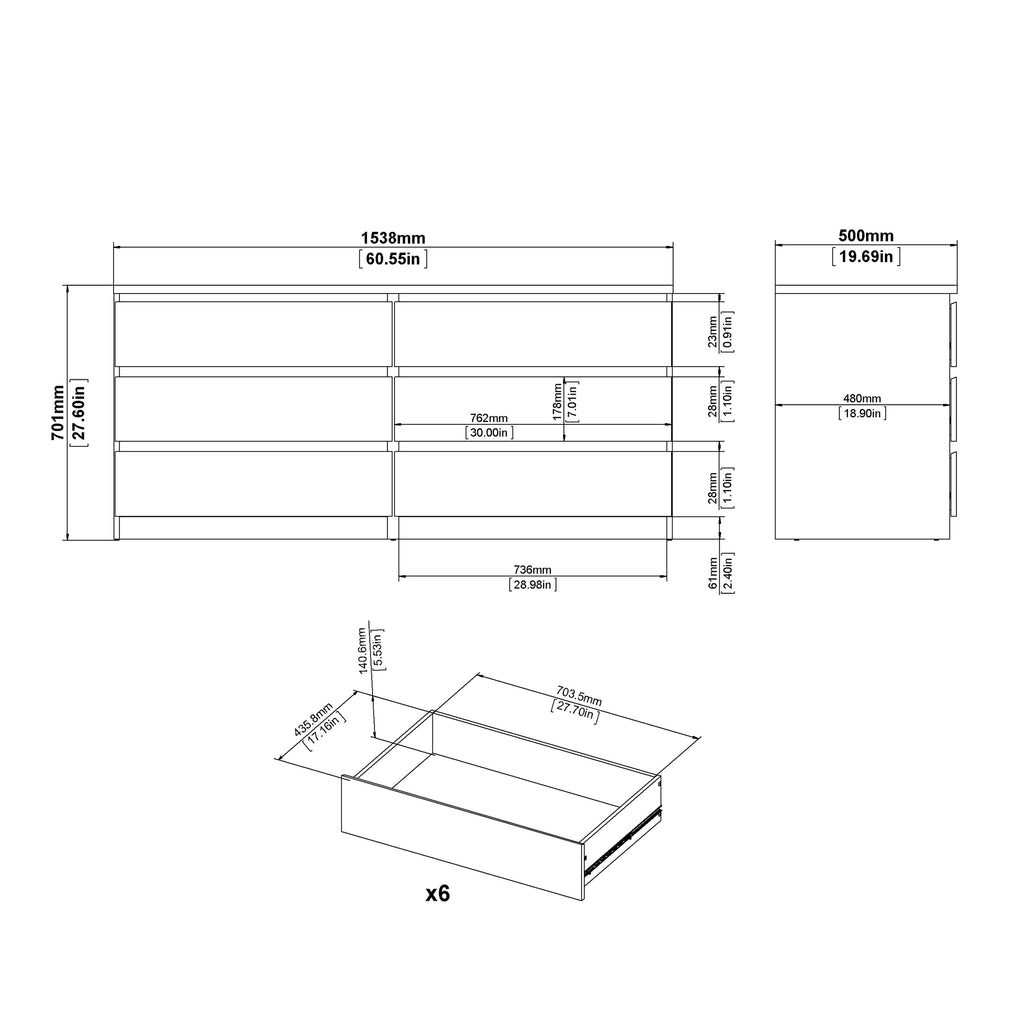 Naia Wide Chest of 6 Drawers (3+3) in White