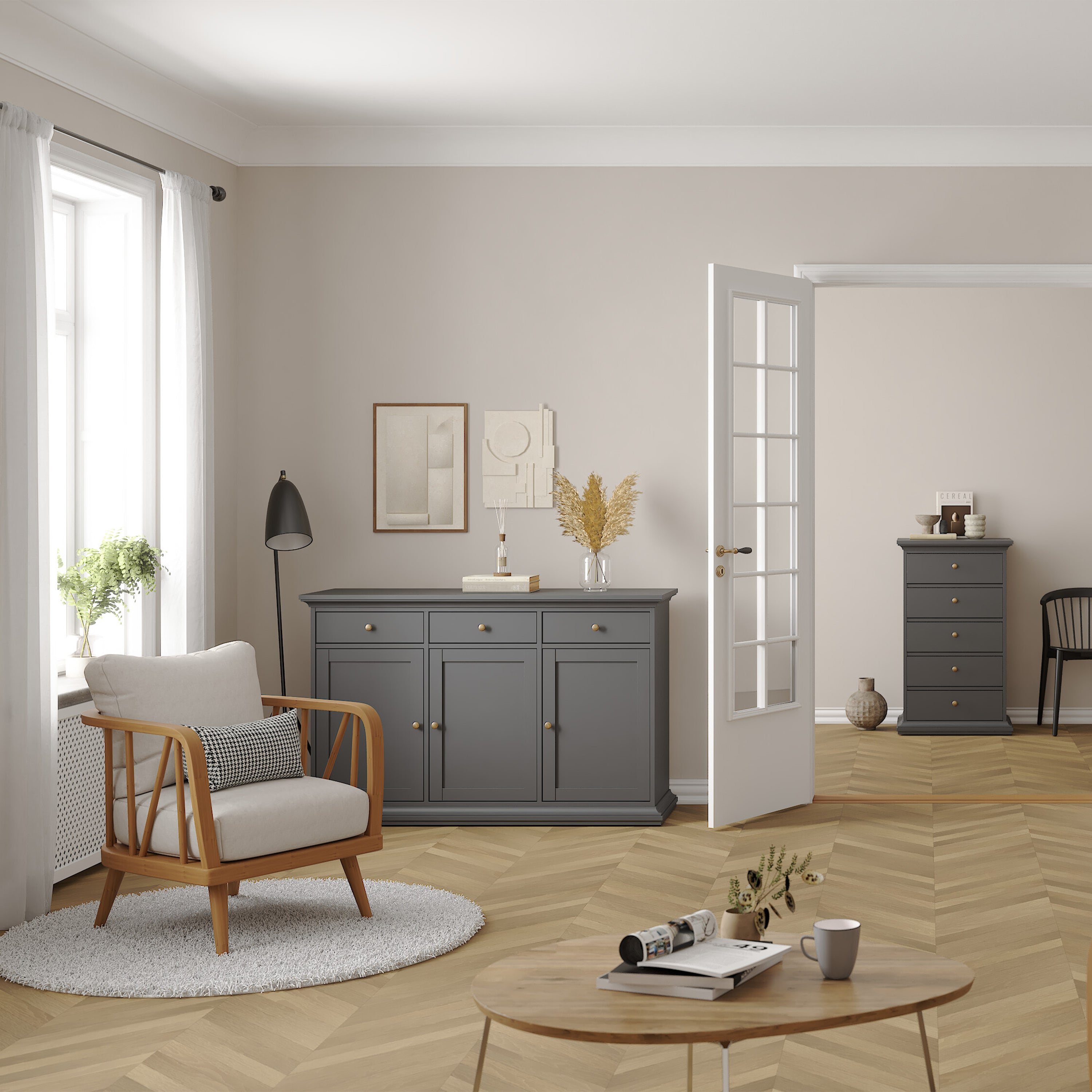 Paris Sideboard with 3 doors and 3 drawers in Matt Grey