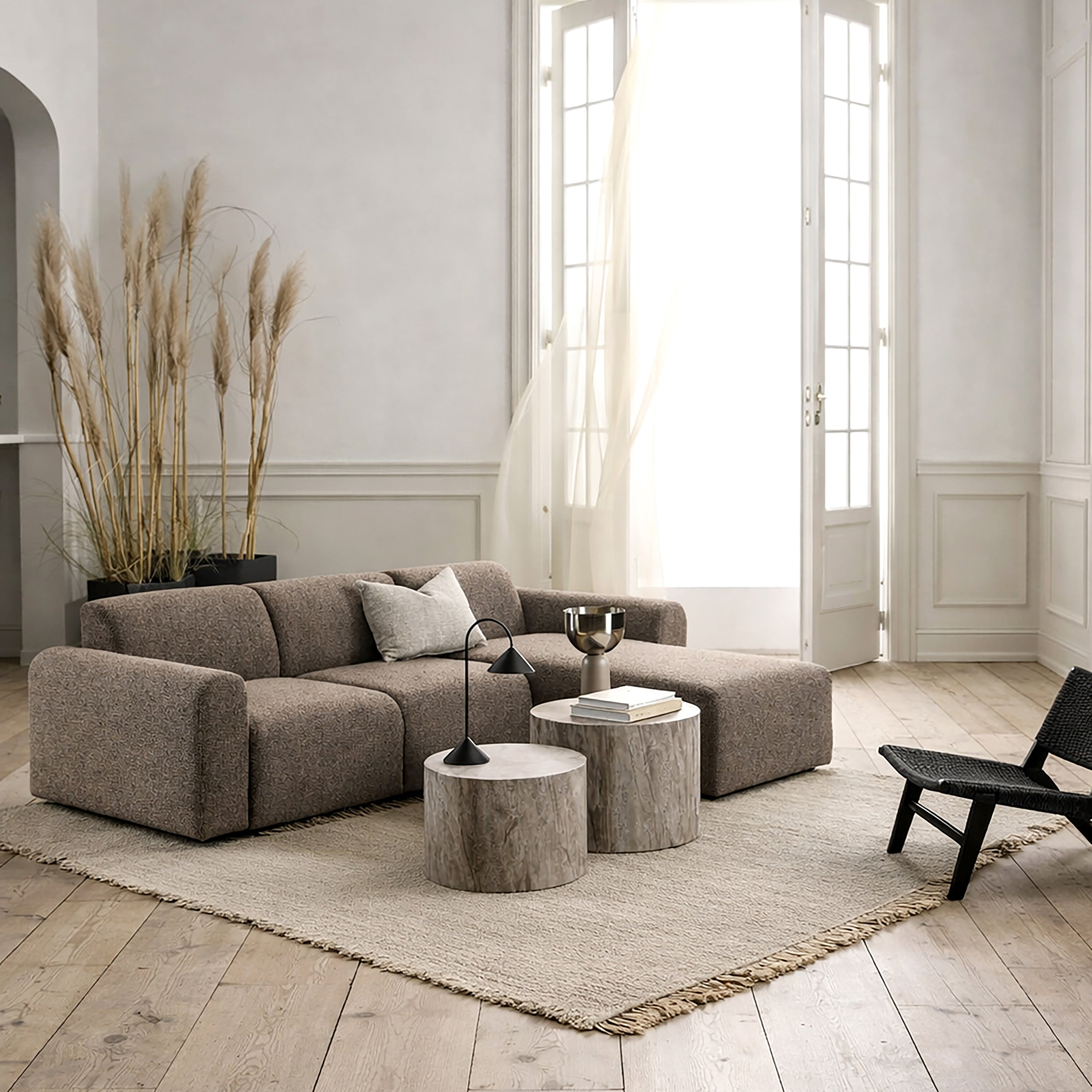 Midfield Right Hand Facing 2 Seater Chaise Longue in Boucle Taupe Fabric