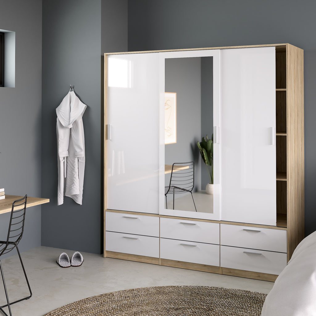 Line Wardrobe 3 Doors 6 Drawers in Oak with White High Gloss