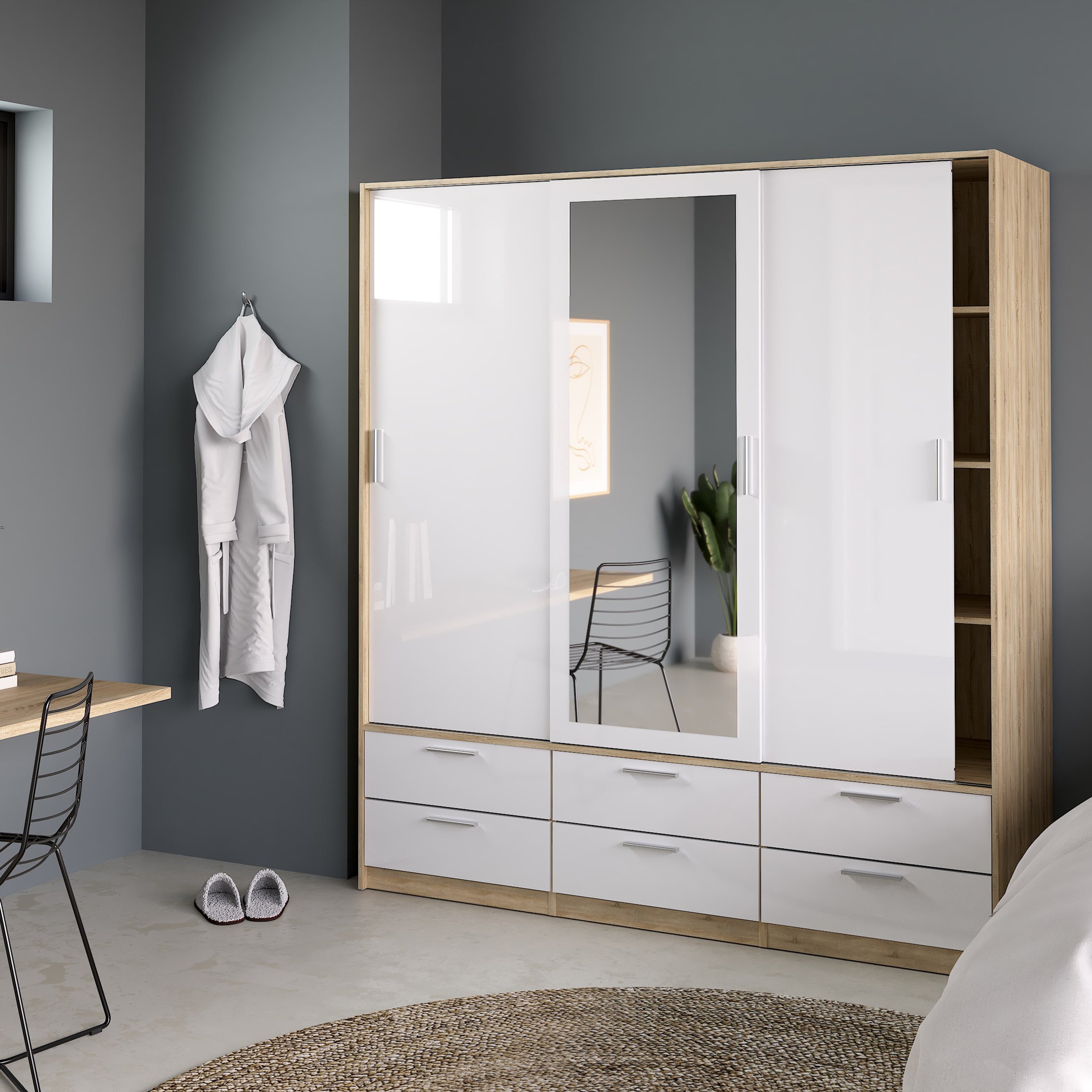 Line Wardrobe 3 Doors 6 Drawers in Oak with White High Gloss