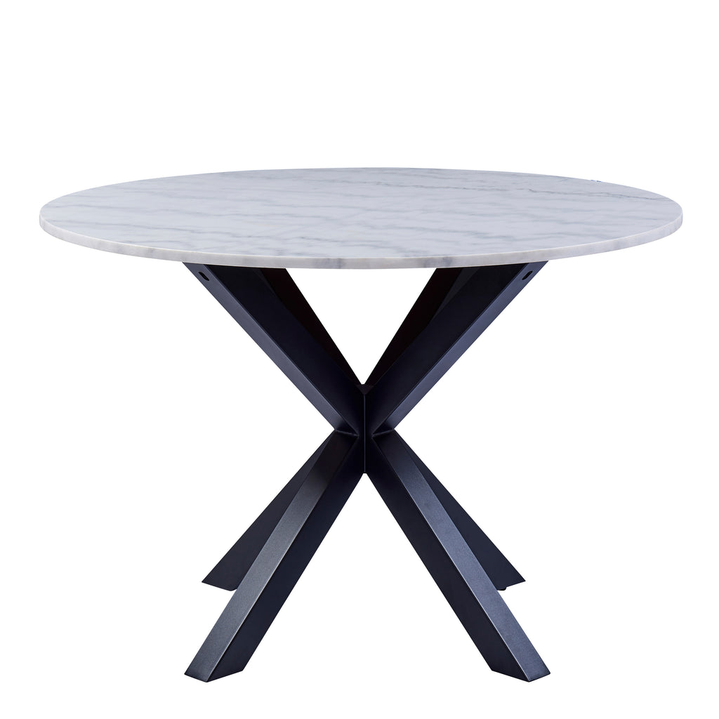 Heaven Round Dining Table with White Polished Marble Top Included 4 I_Oregon Dining Chair In Black with Cream Stitching,