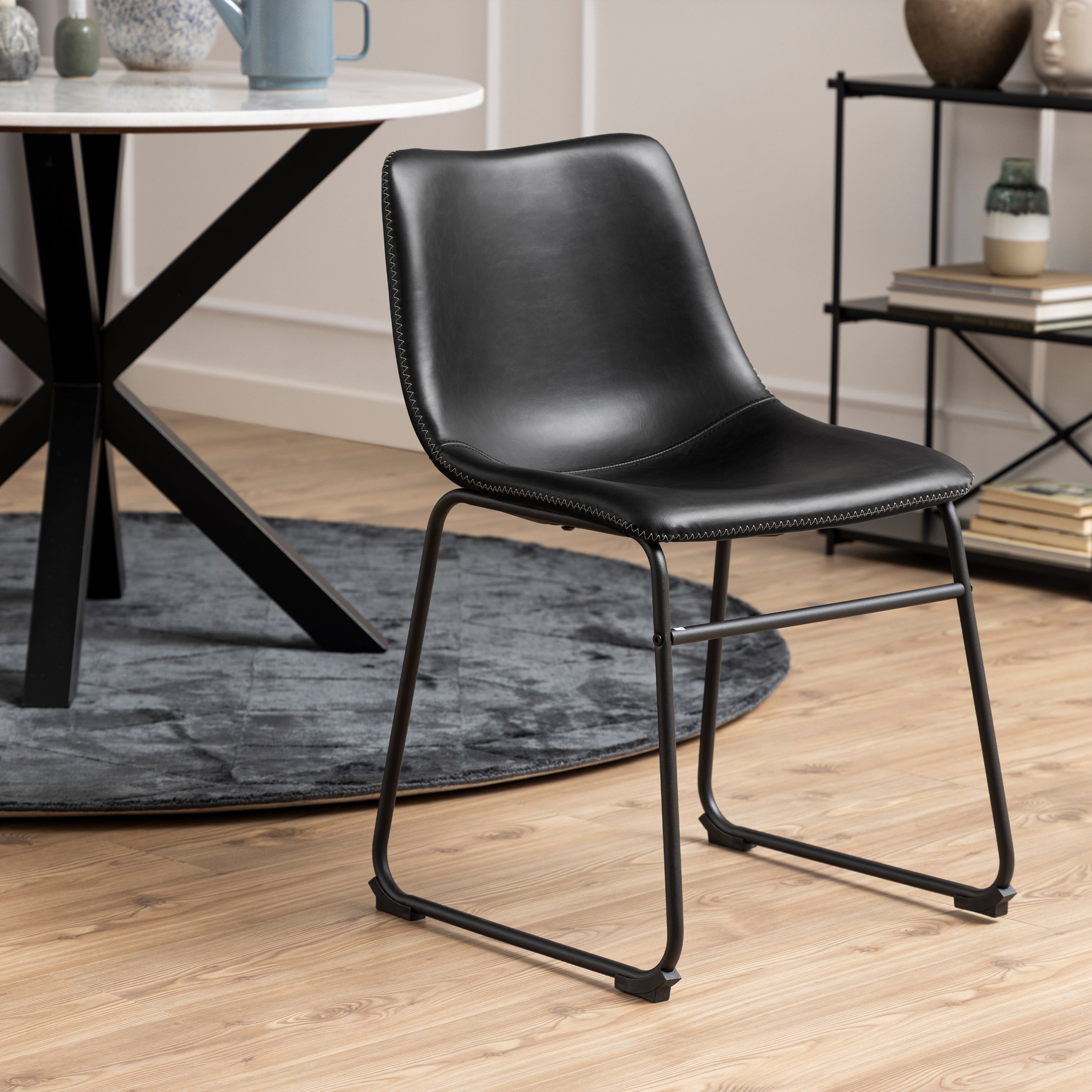 Heaven Round Dining Table with White Polished Marble Top Included 4 I_Oregon Dining Chair In Black with Cream Stitching,