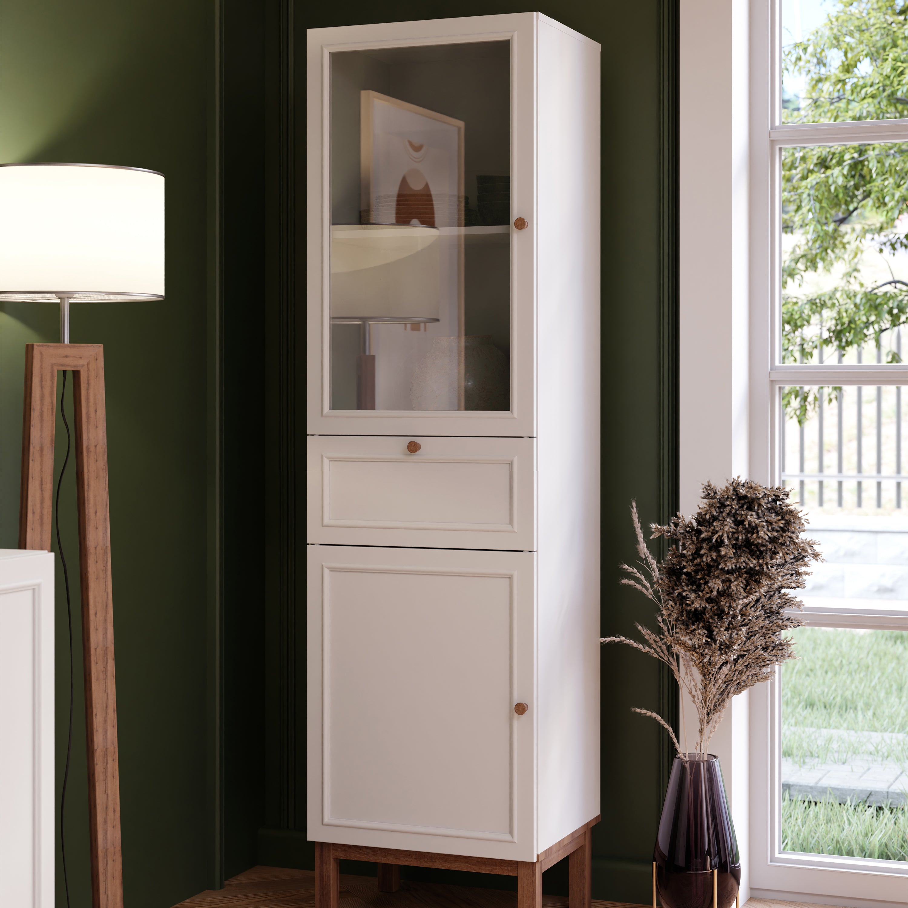 Wensley Display Cabinet with 1 Door 1 Drawer and  1 Glass Door in Light Grey and Oak