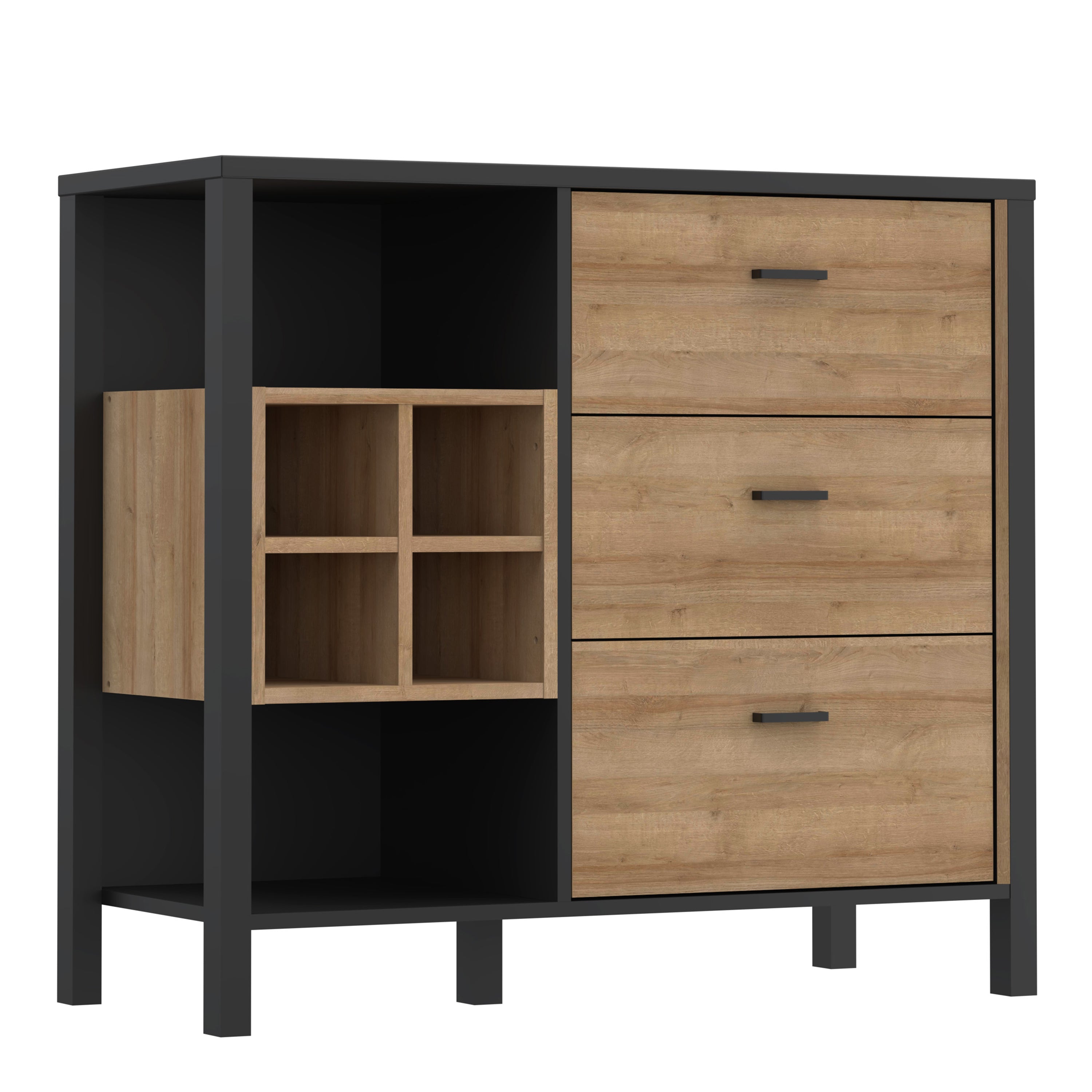 High Rock 3 Drawer Display Chest in Matt Black/Riviera Oak