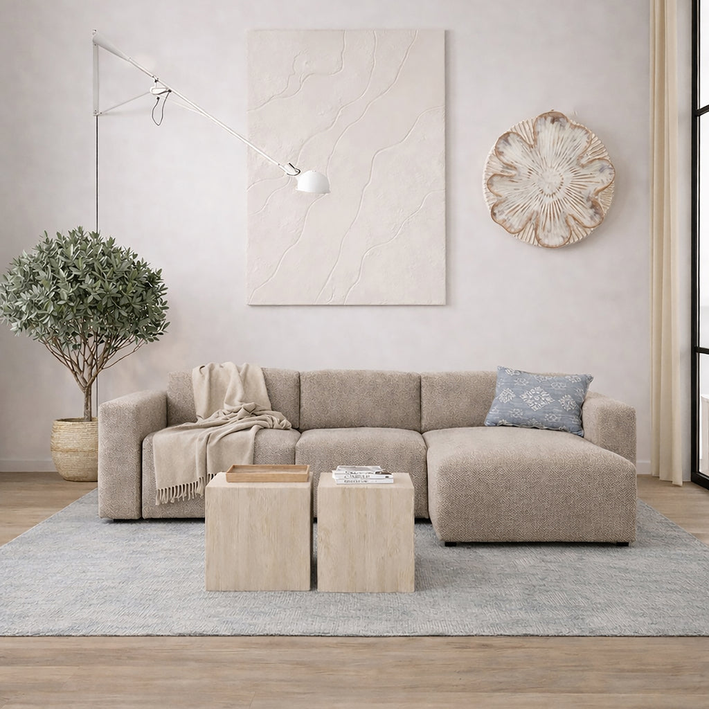 Midfield Left Hand Facing 2 Seater Chaise Longue in Boucle Beige Fabric