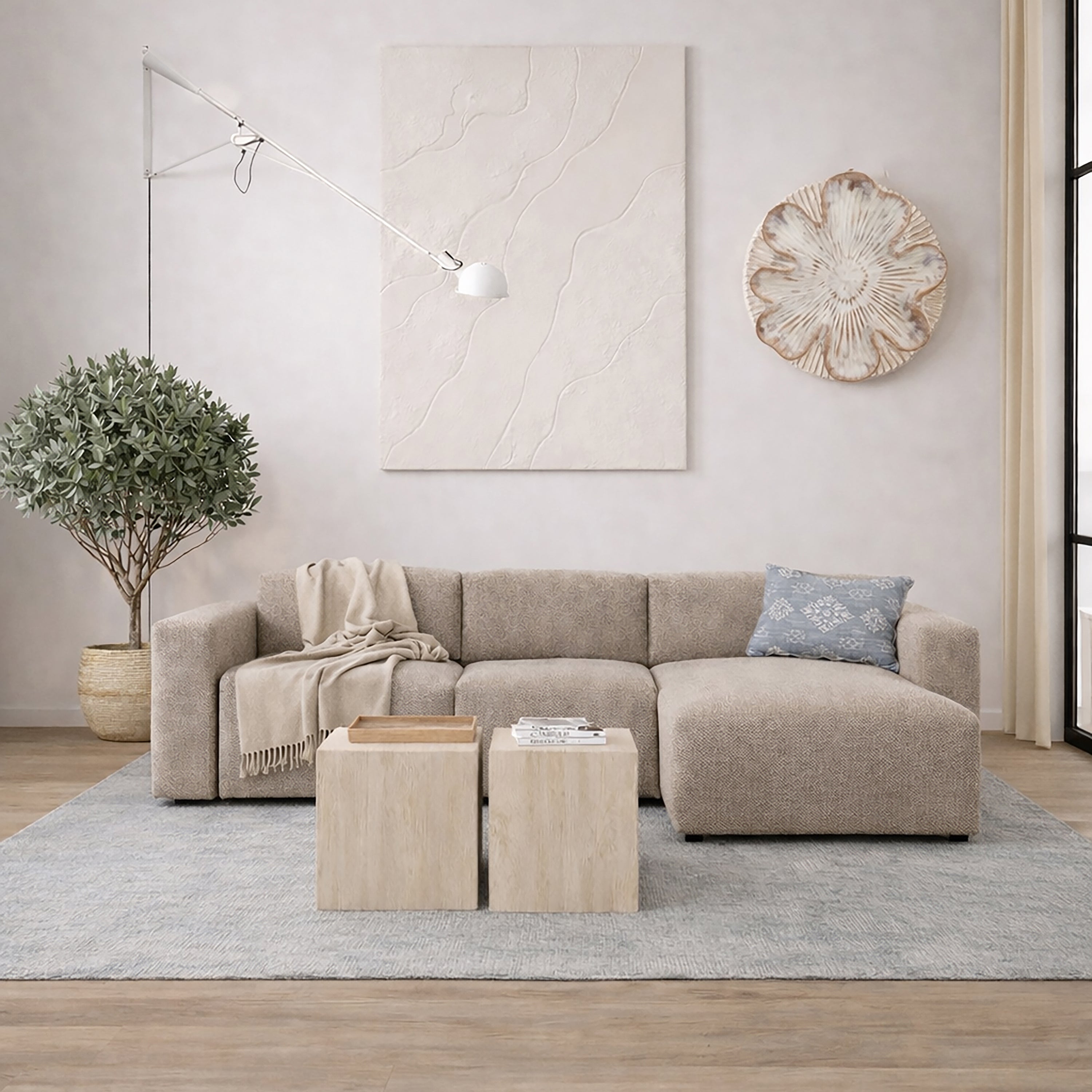 Midfield Left Hand Facing 2 Seater Chaise Longue in Boucle Beige Fabric