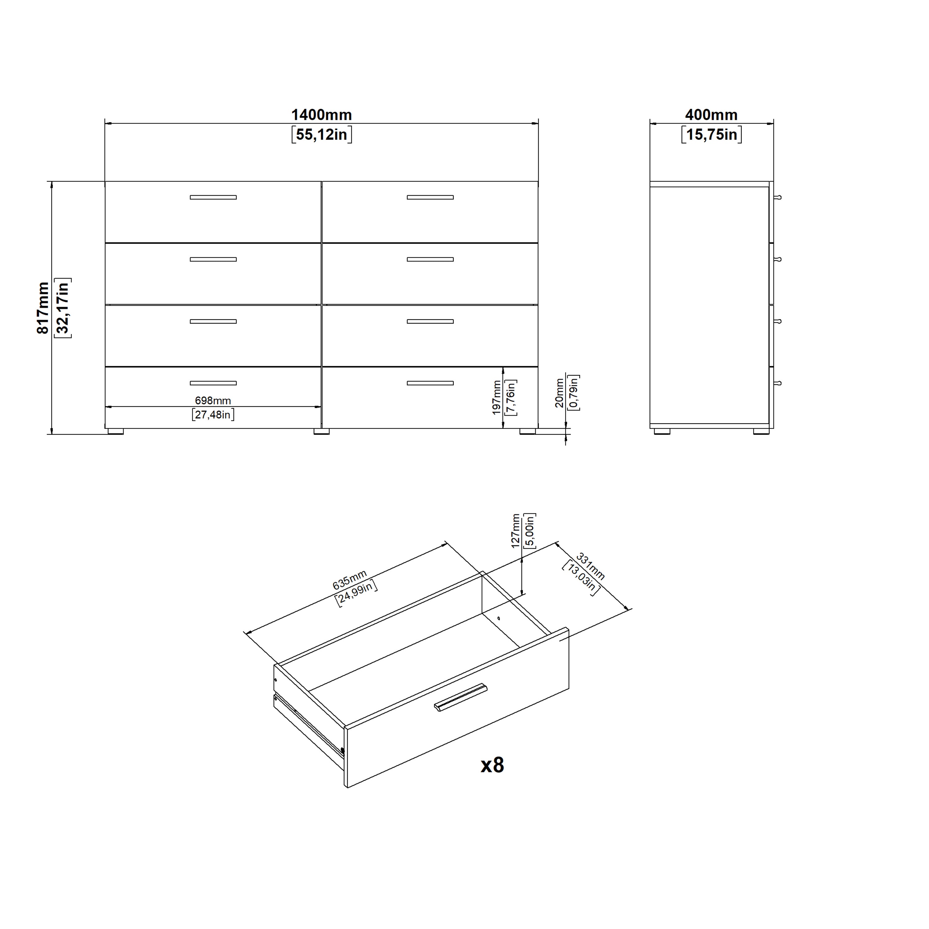 Pepe Wide Chest of 8 Drawers (4+4) in Walnut