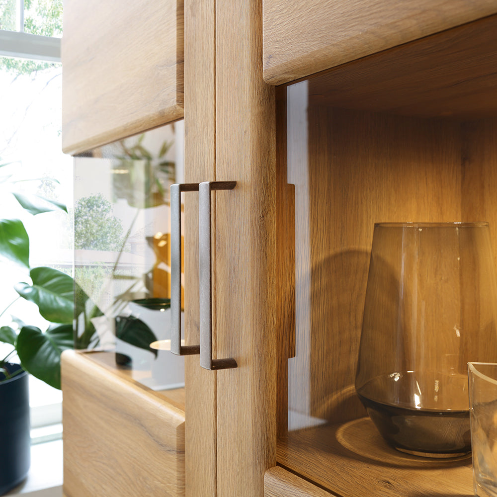 Cortina Tall Wide 2 Door glazed Display Cabinet in Grandson Oak