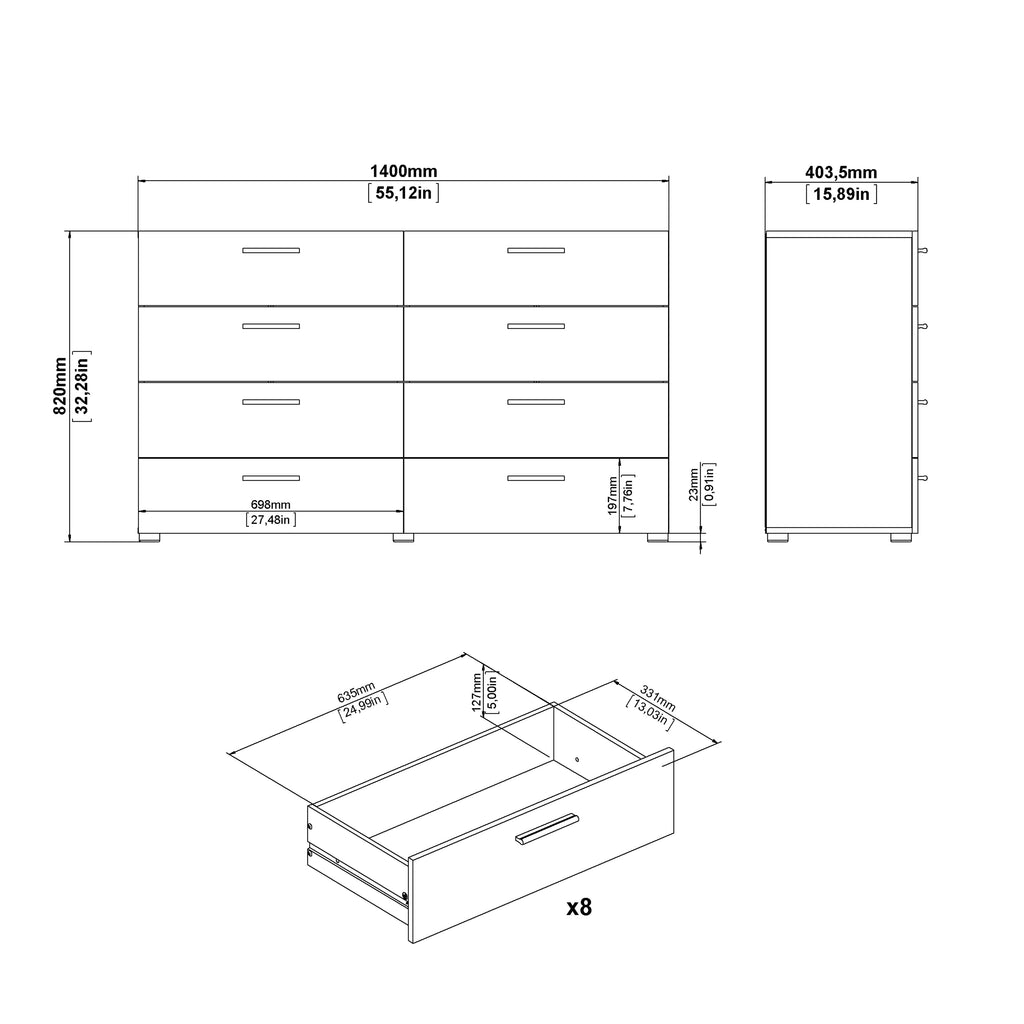 Pepe Wide Chest of 8 Drawers (4+4) in Oak structure/White High Gloss