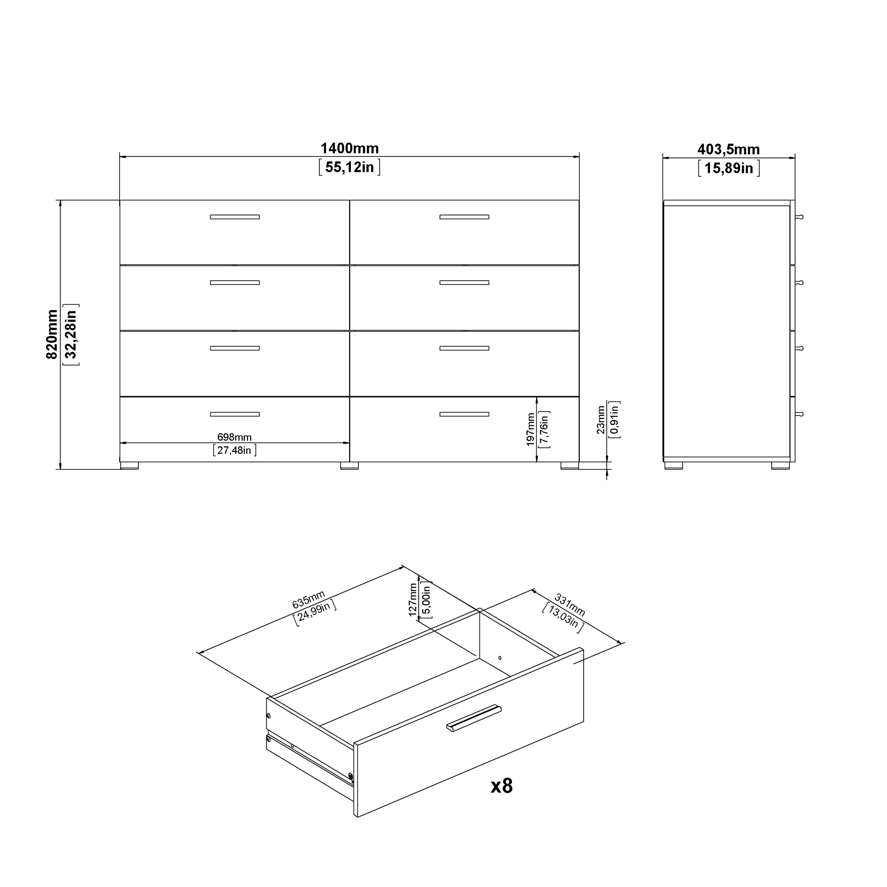 Pepe Wide Chest of 8 Drawers (4+4) in Oak structure/White High Gloss