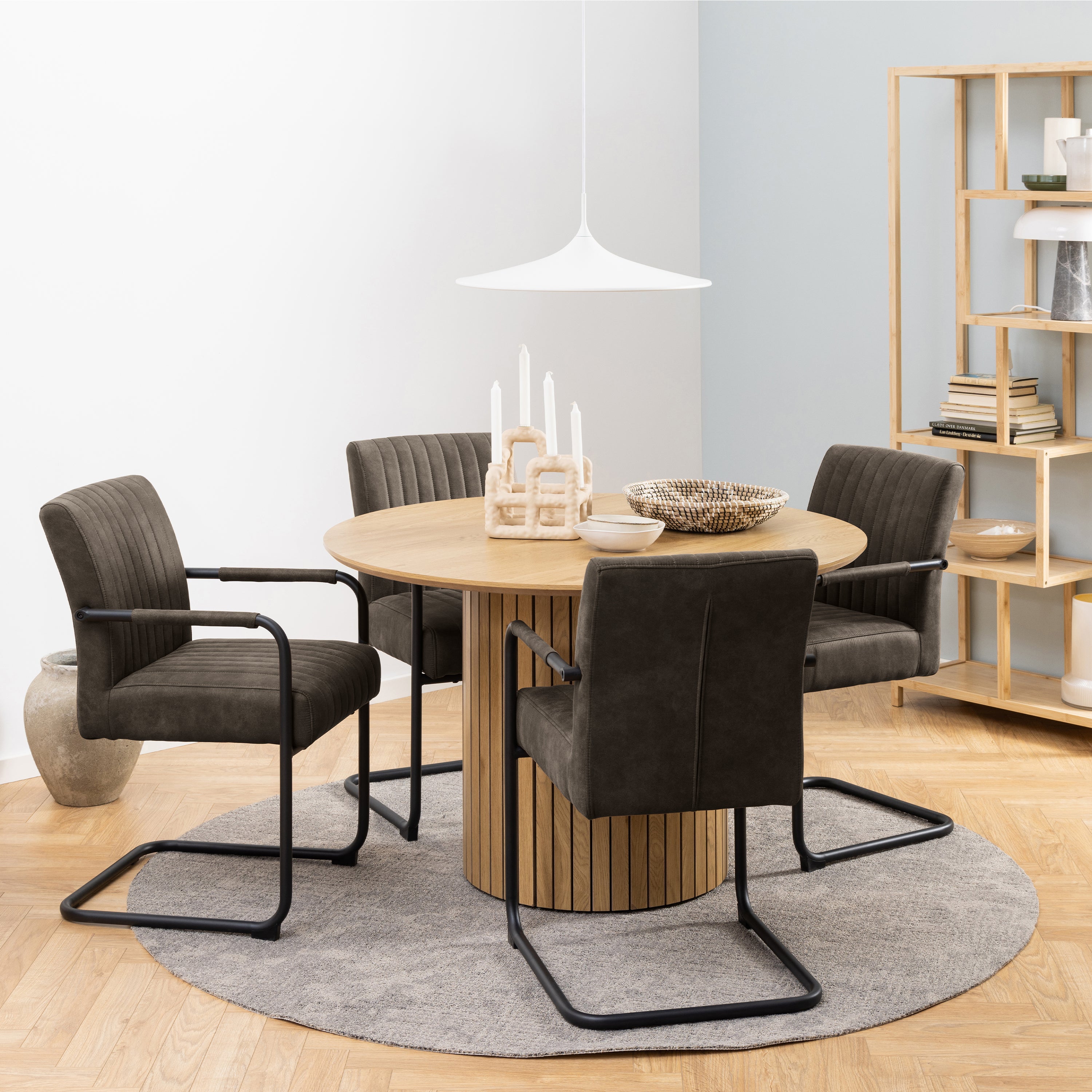 Yale Dining Table in Oak Included 4 Adele Dining Chair in Grey Fabric