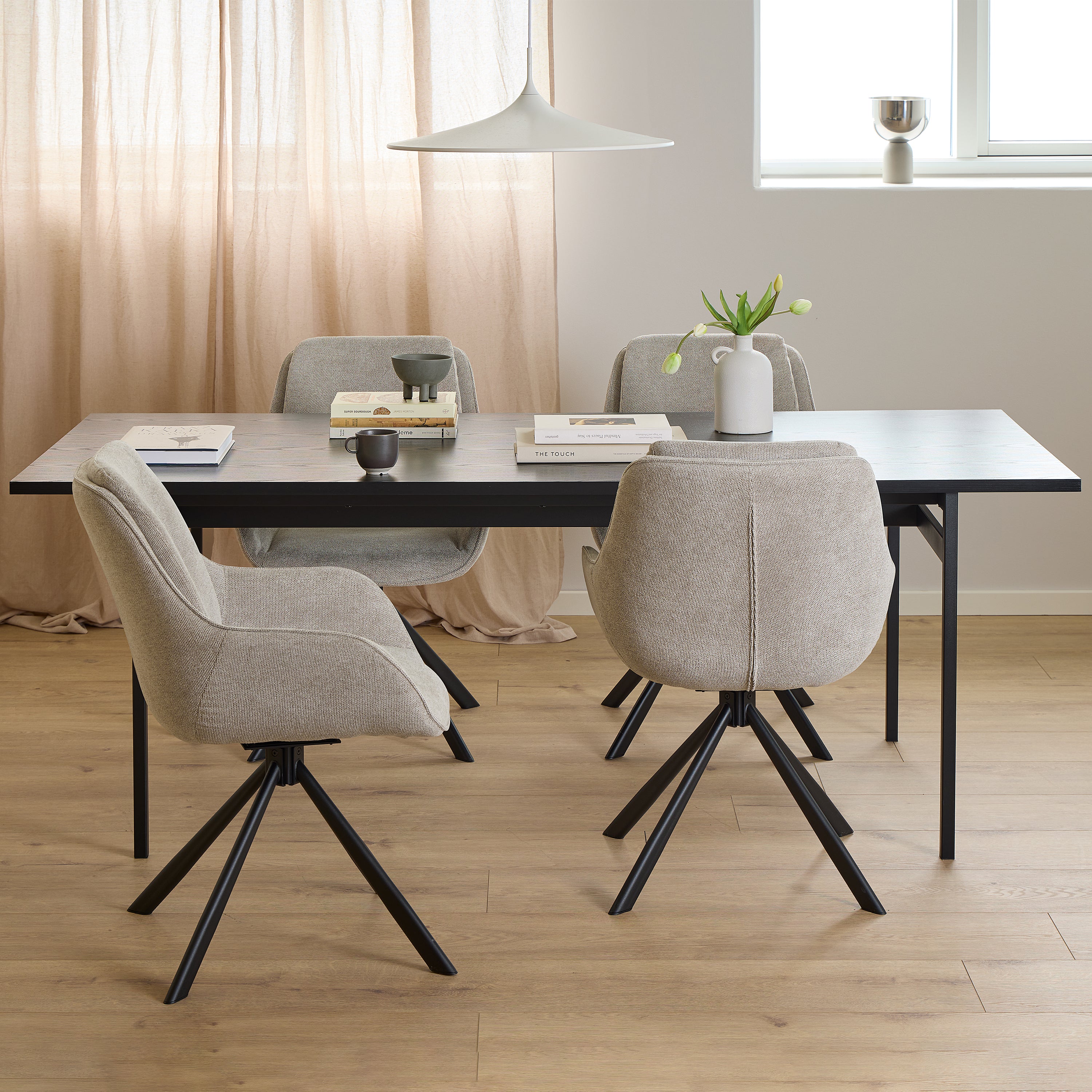 Angus Dining Table in Black 200x74cm Included 4 Carrie Swivel Dining Chairs in Sand