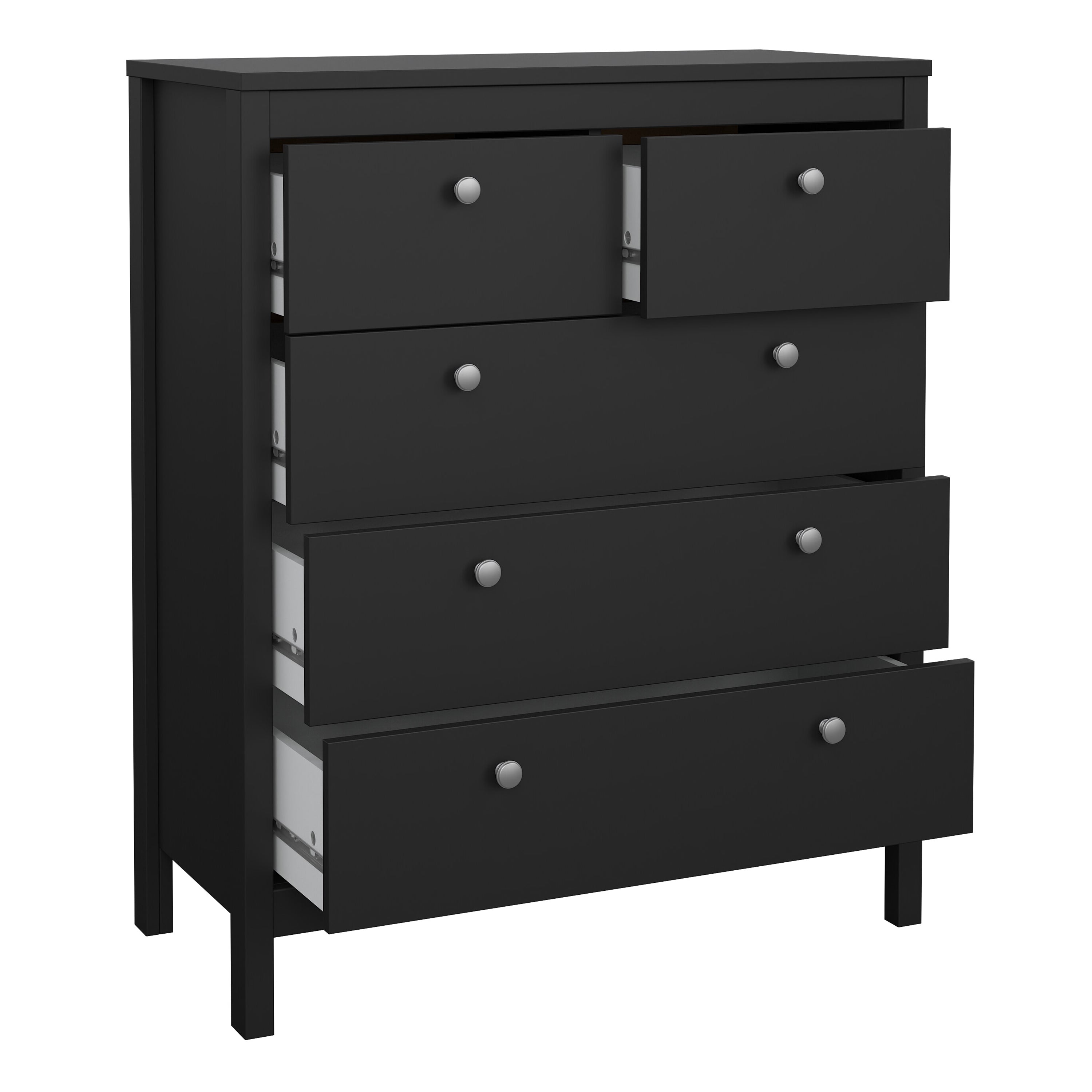 Madrid Package - Bedside Table 2 Drawers + Chest 5 Drawers + Wardrobe with 3 Doors in Matt Black