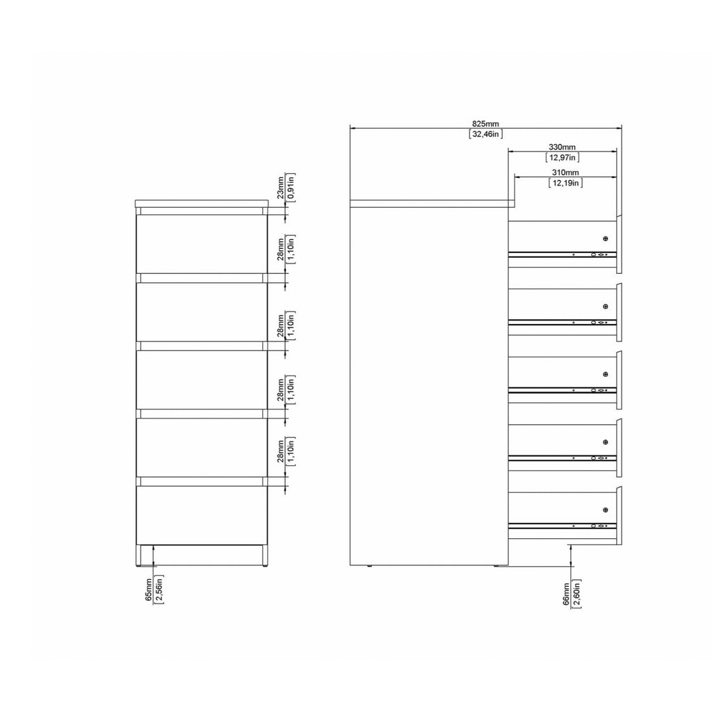 Naia Narrow Chest of 5 Drawers in White High Gloss
