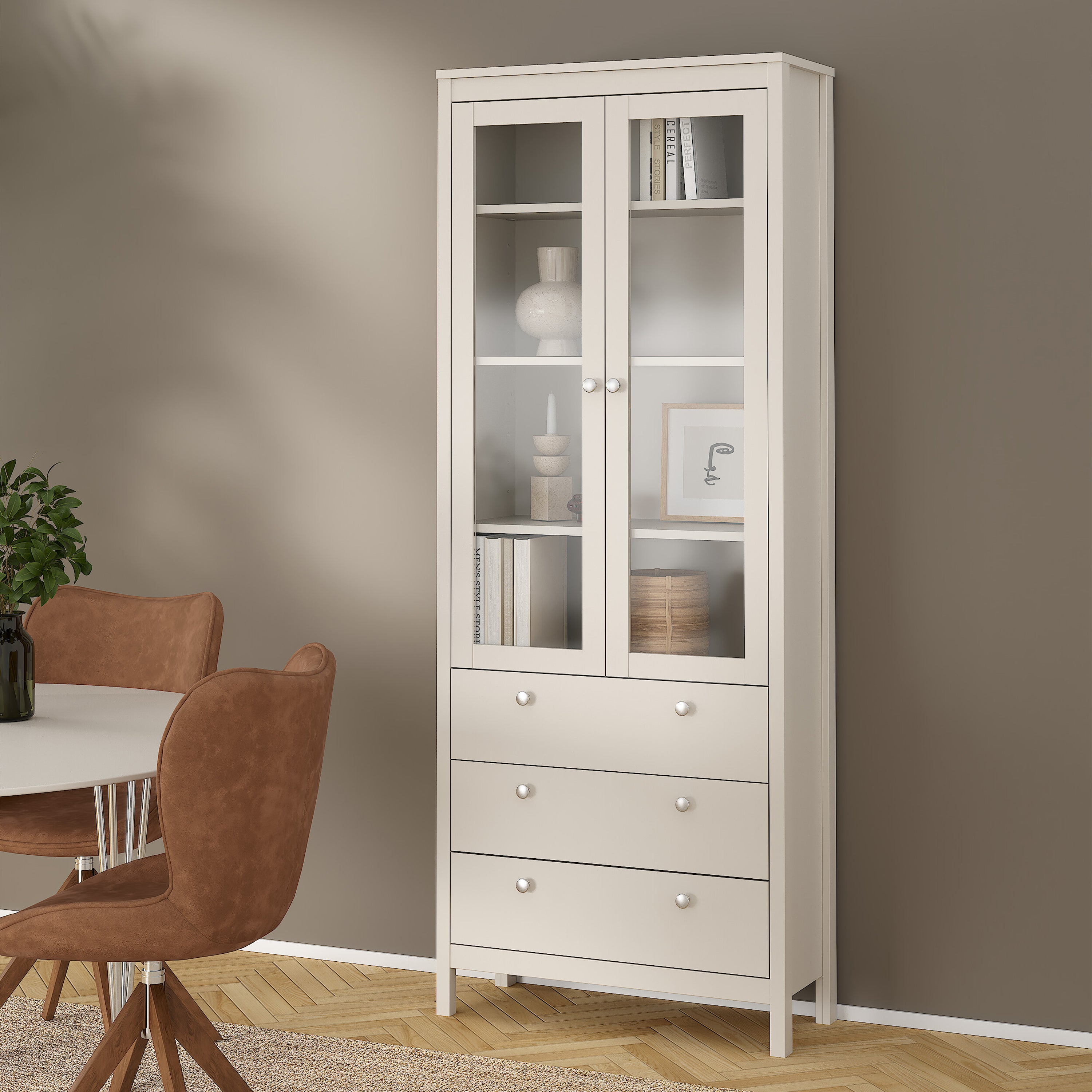 Madrid China Cabinet 2 Glass Doors with 3 Drawers in Cashmere