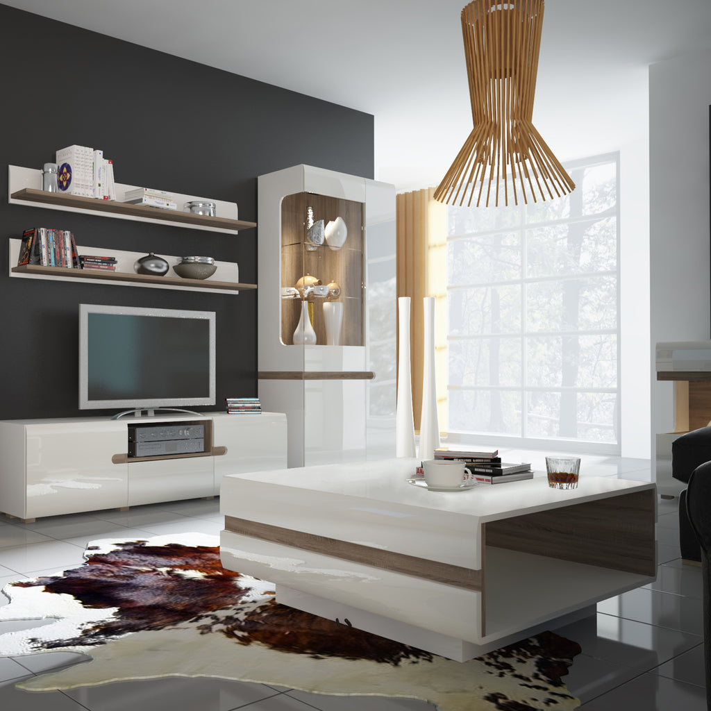 Chelsea Living Tall Glazed Narrow Display Unit (RHD) in White with a Truffle Oak Trim