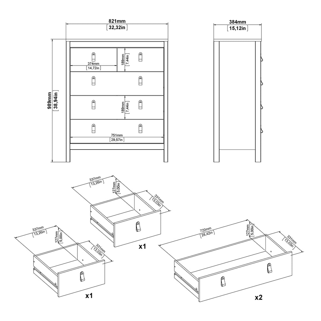Barcelona Package - Bedside Table 2 Drawers + Chest 5 Drawers + 2 Door Wardrobe in Jackson Hickory Oak