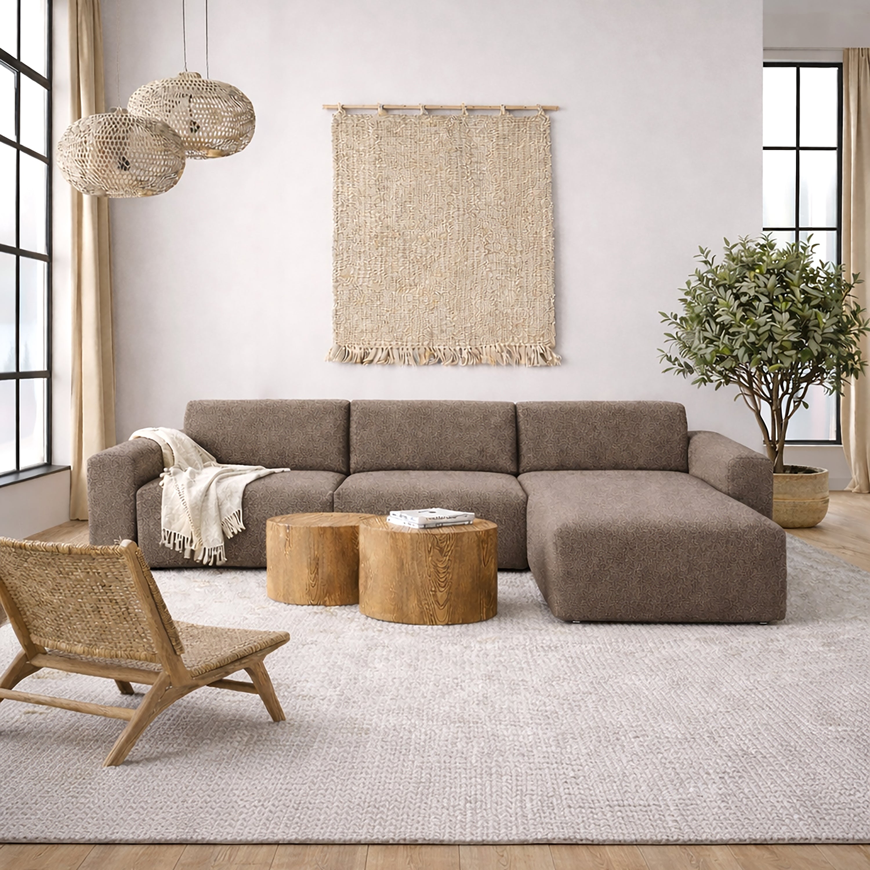 Midfield Right Hand Facing 2 Seater Chaise Longue in Boucle Taupe Fabric